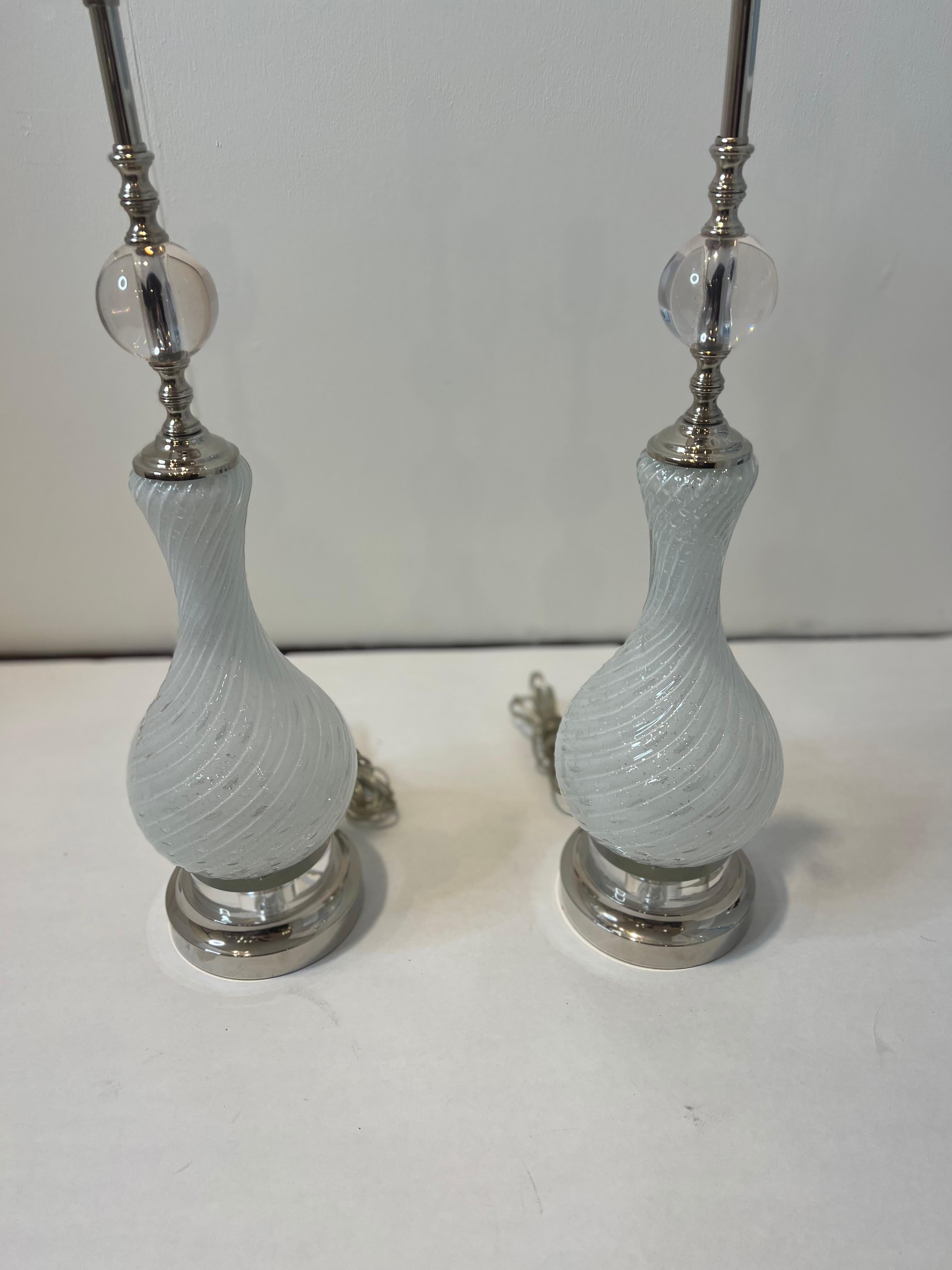 Rare Pair of Vintage Italian Silver Murano Lamps with chrome and Lucite. Newly rewired in great condition very rare find. Base of lamp is 5.5D.