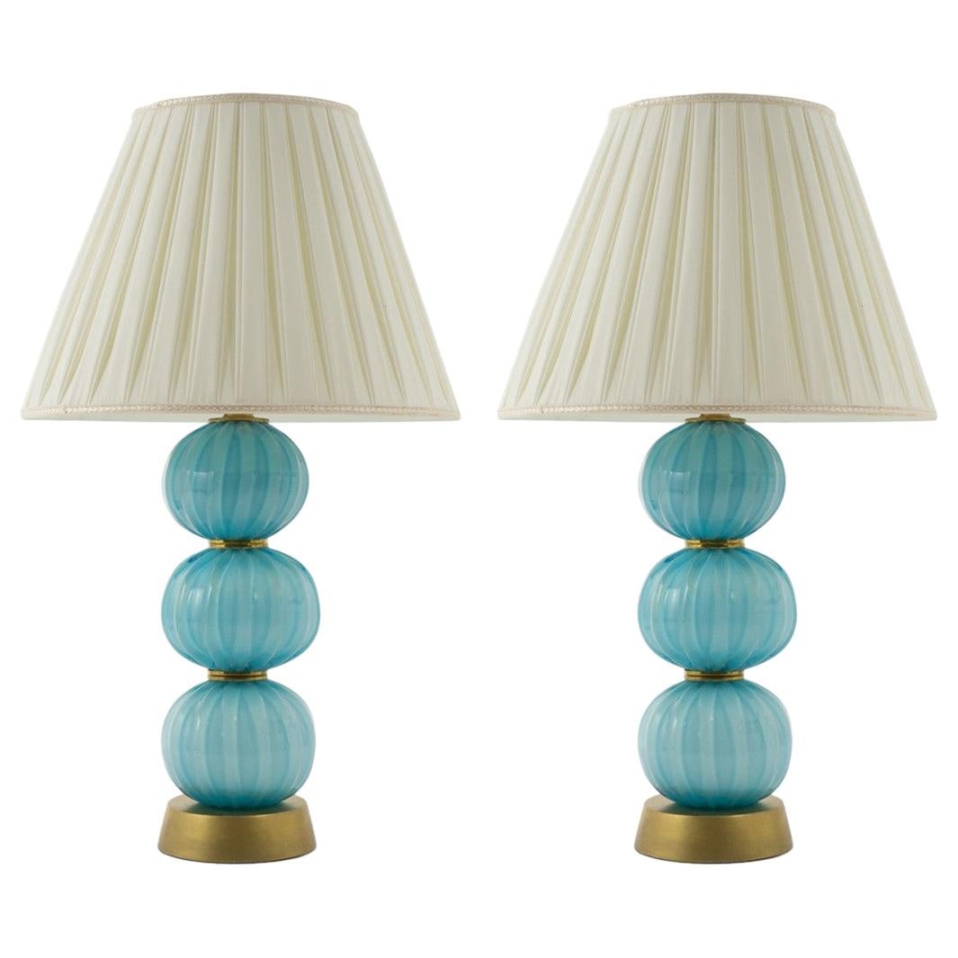 Pair of Vintage Italian Murano Stacked Turquoise Textured Sphere Table Lamps