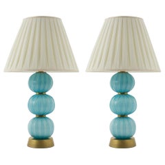 Pair of Vintage Italian Murano Stacked Turquoise Textured Sphere Table Lamps