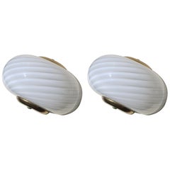 Pair of vintage Italian Murano wall lamps white swirl glass scones with brass