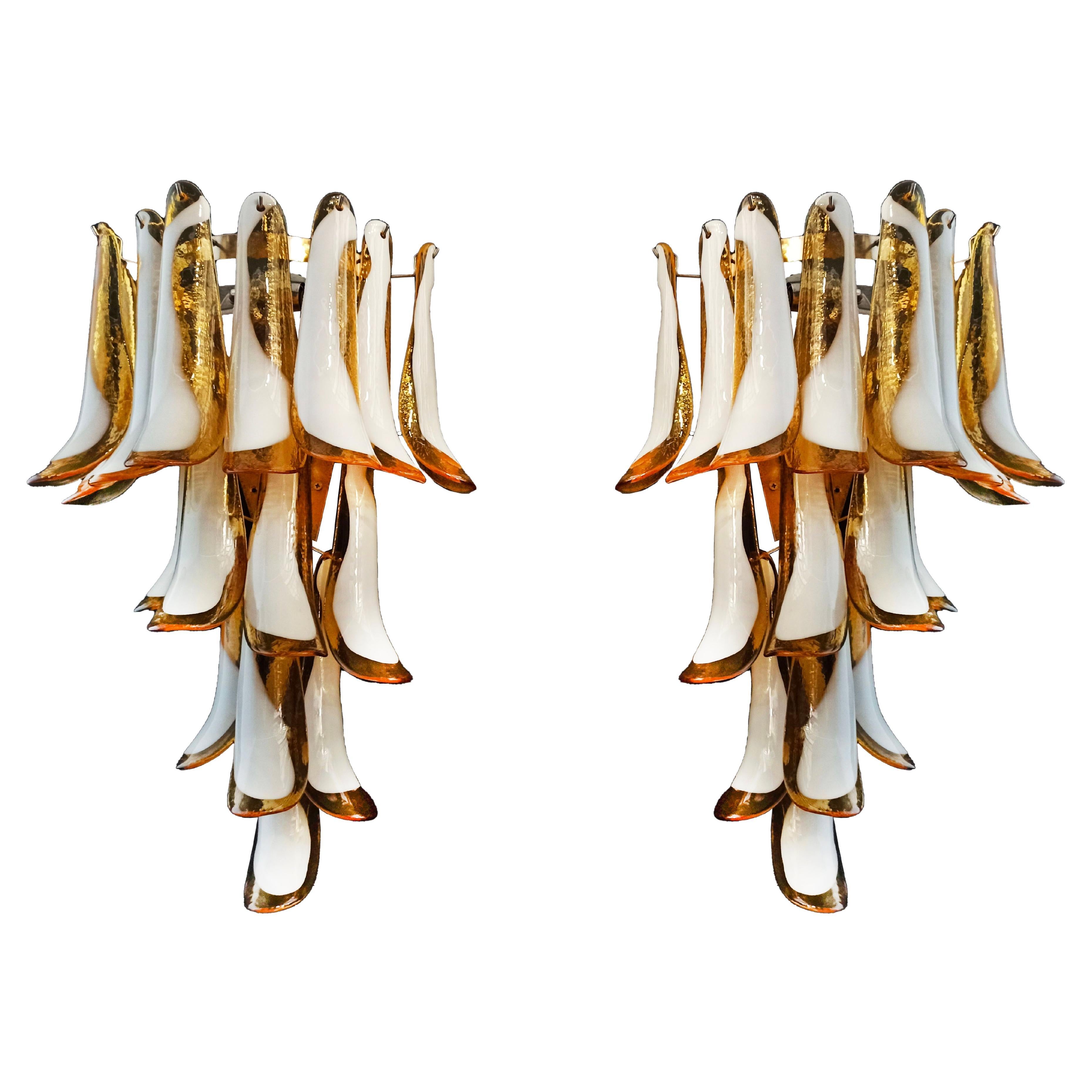 Pair of Vintage Italian Murano Wall Lights, 16 Caramel and Lattimo Glass Petals For Sale