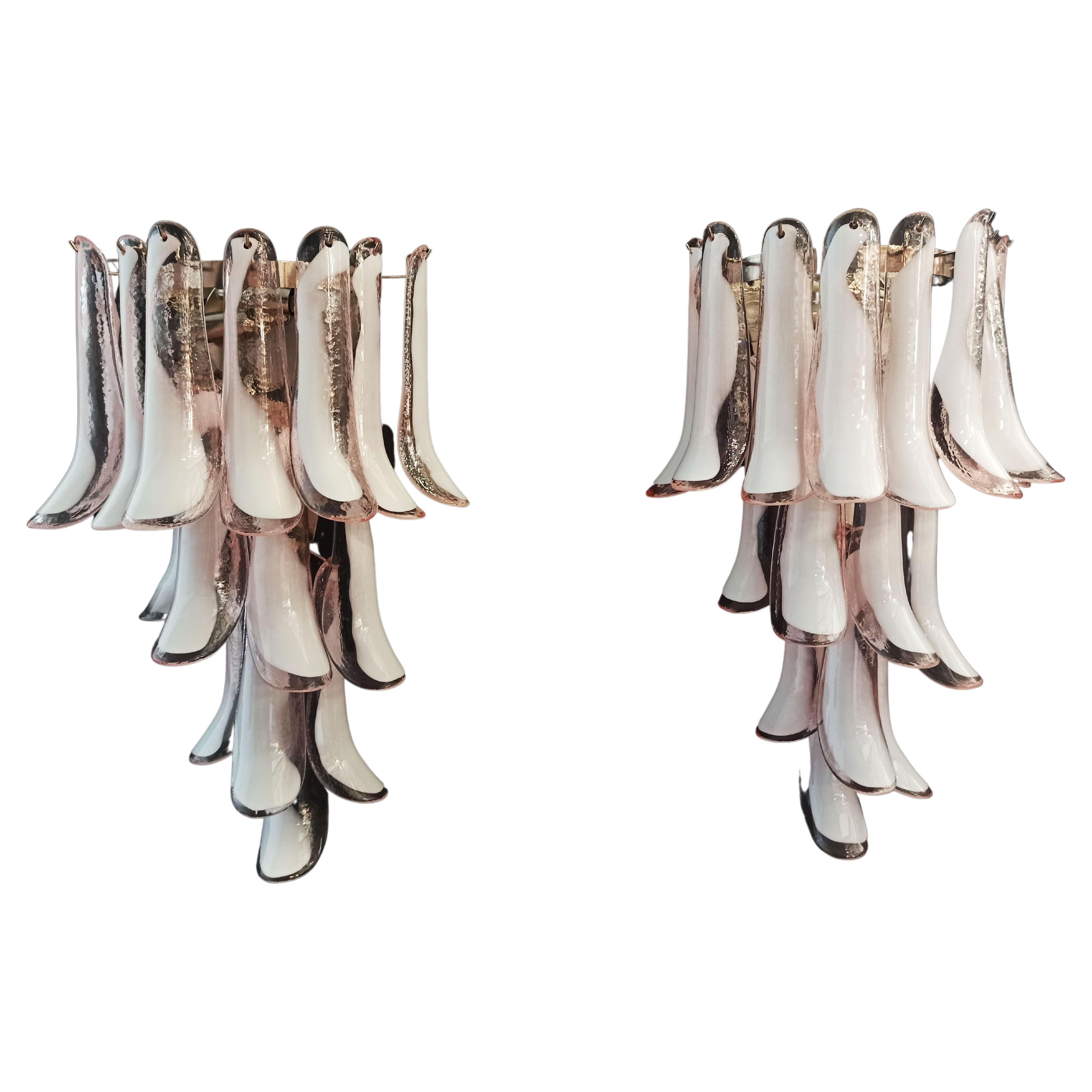 Pair of Vintage Italian Murano Wall Lights, 16 Pink and Lattimo Glass Petals