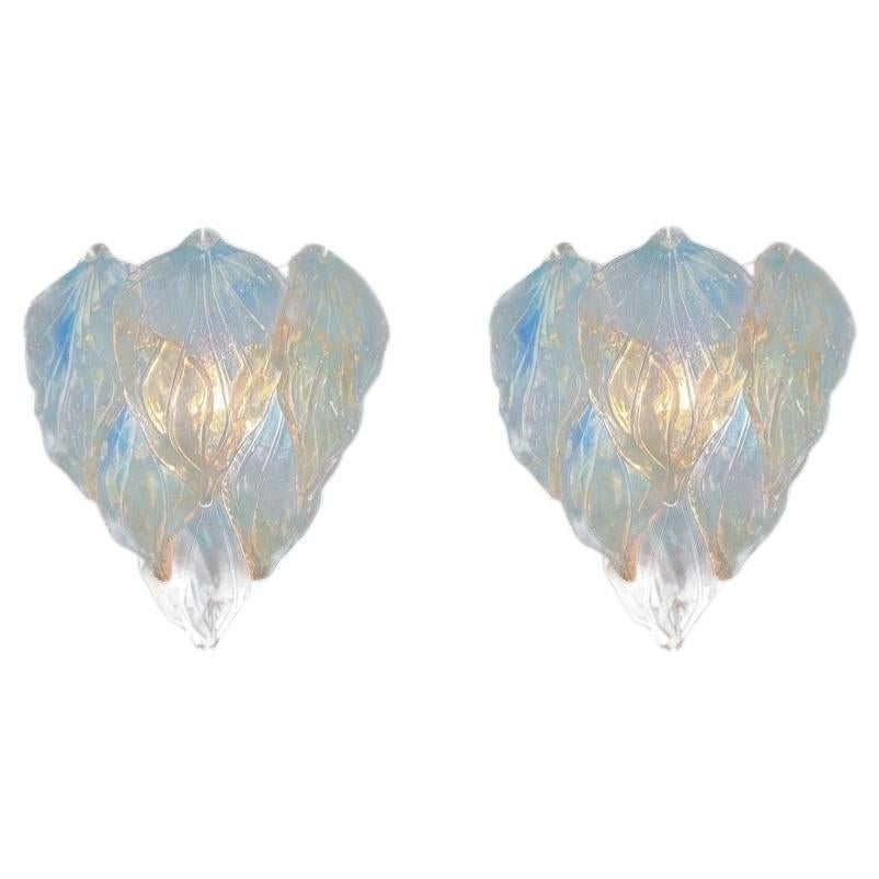 Pair of Vintage Italian Murano Wall Sconces - 6 "fiammette" OPALINO Glasses