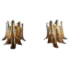 Pair of Vintage Italian Murano Wall Lights, Amber Glass Petals