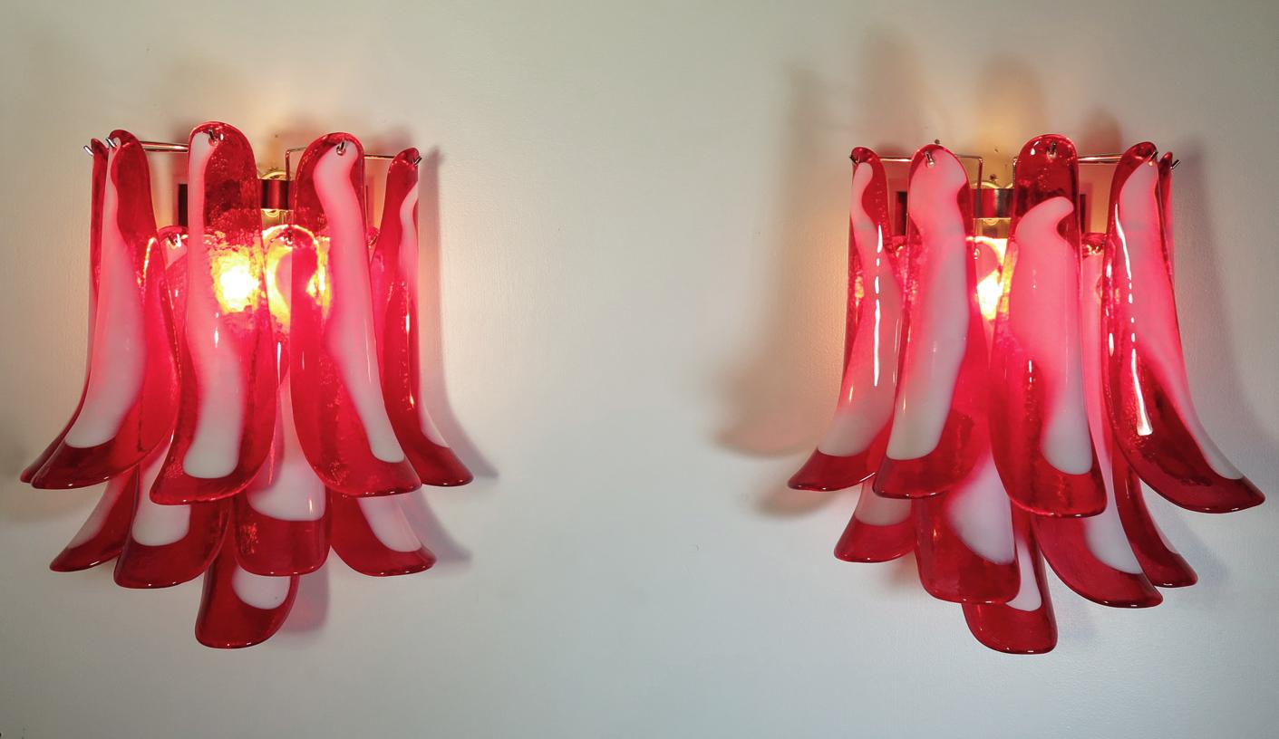 Pair of Vintage Italian Murano Wall Lights, Mazzega, 10 Red Lattimo Glass Peta 1