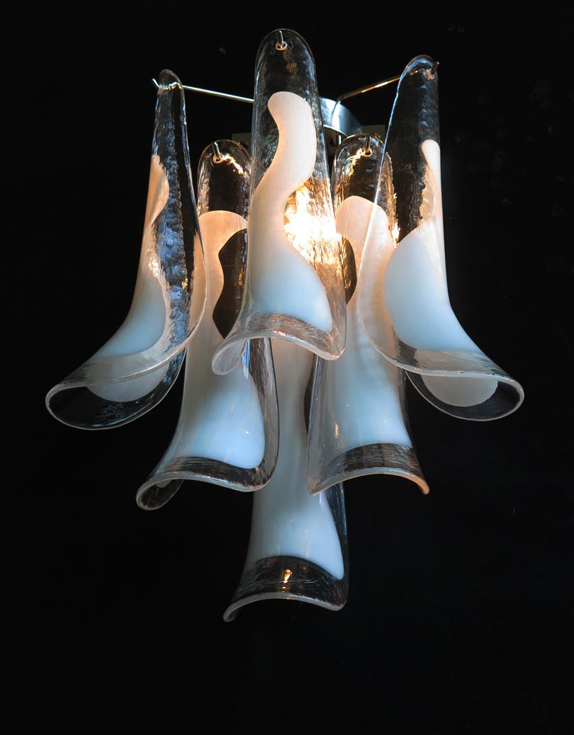 Blown Glass Pair of Vintage Italian Murano Wall Lights, Mazzega, 6 White Lattimo Glass Pet For Sale