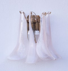 Pair of Vintage Italian Murano Wall Lights, White and Pink Glass Petals