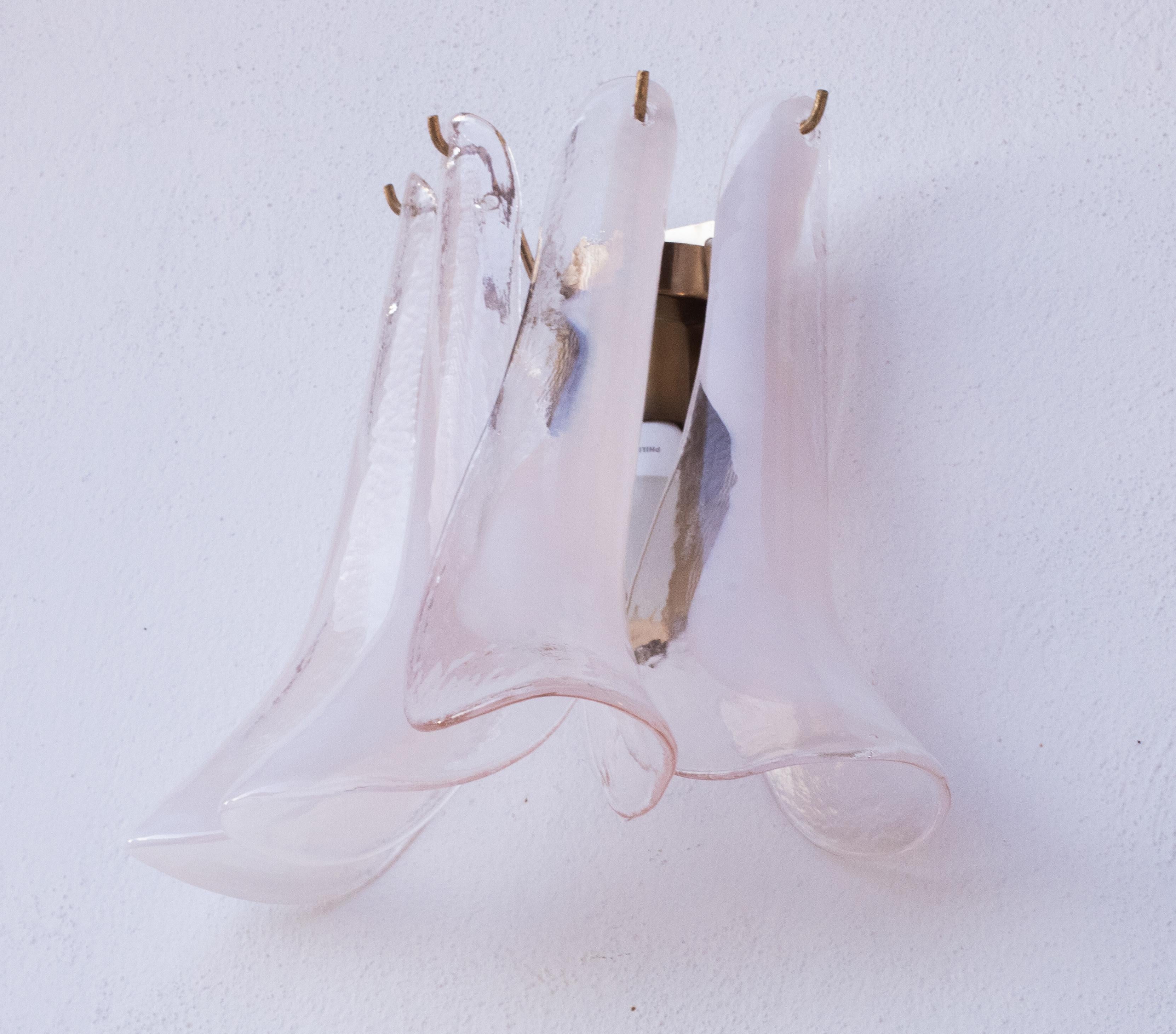 Murano Glass Pair of Vintage Italian Murano Wall Lights, White and Pink Glass Petals