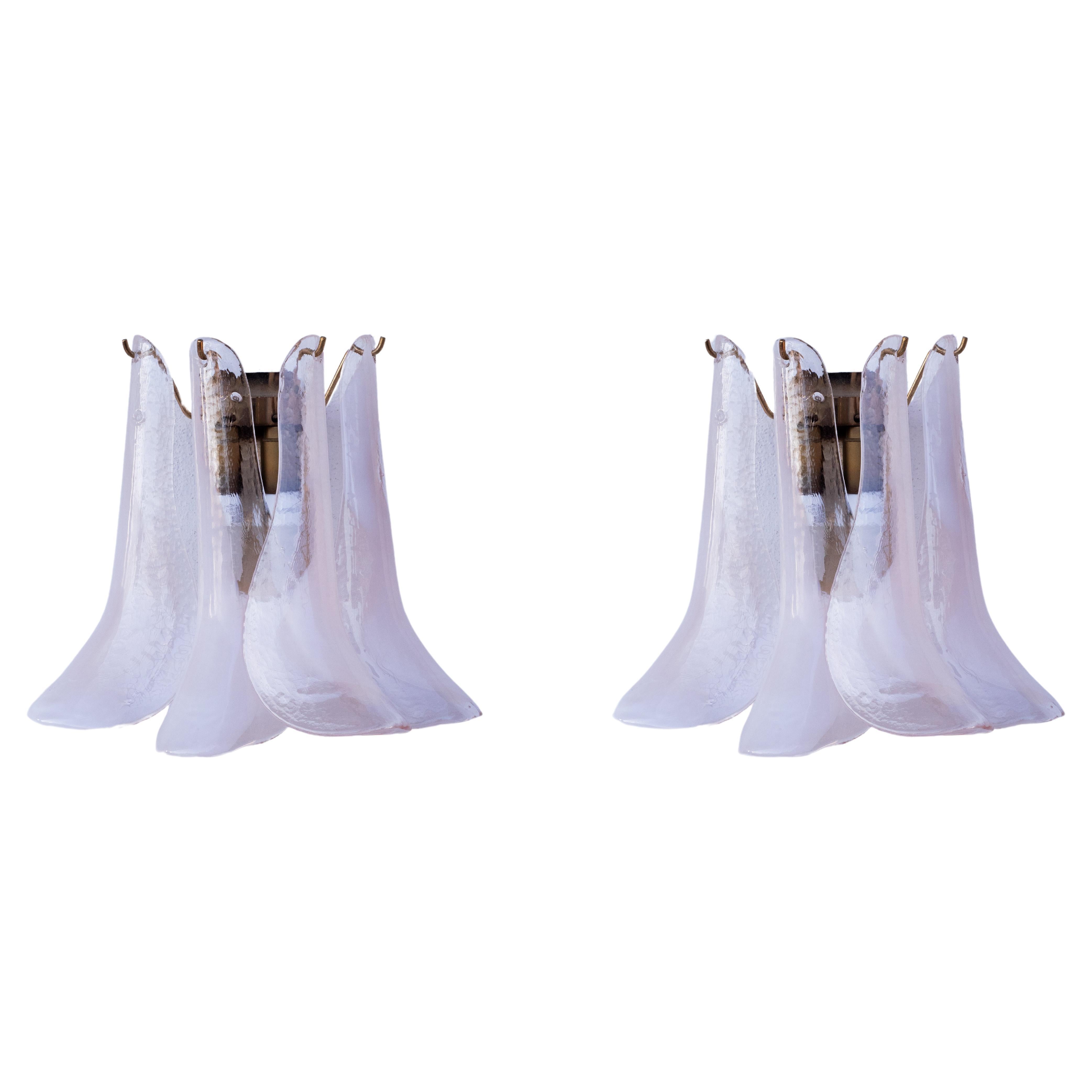 Pair of Vintage Italian Murano Wall Lights, White and Pink Glass Petals