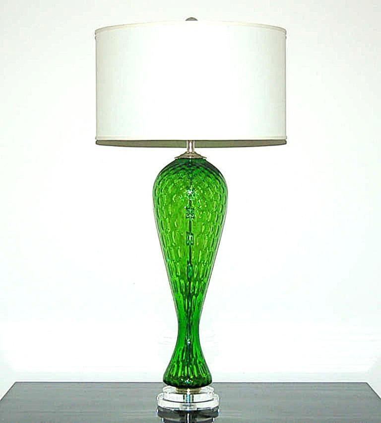 Ein Paar Vintage Italian Murano Windowpane Glass Lampen in Smaragd im Angebot 3