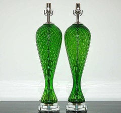 Pair of Vintage Italian Murano Windowpane Glass Lamps in Emerald