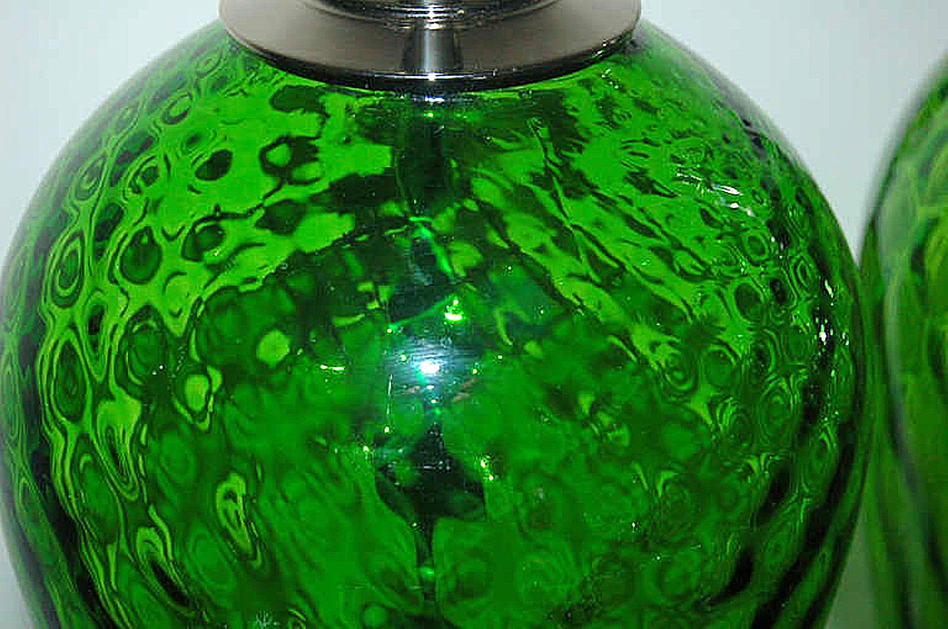 Ein Paar Vintage Italian Murano Windowpane Glass Lampen in Smaragd (20. Jahrhundert) im Angebot