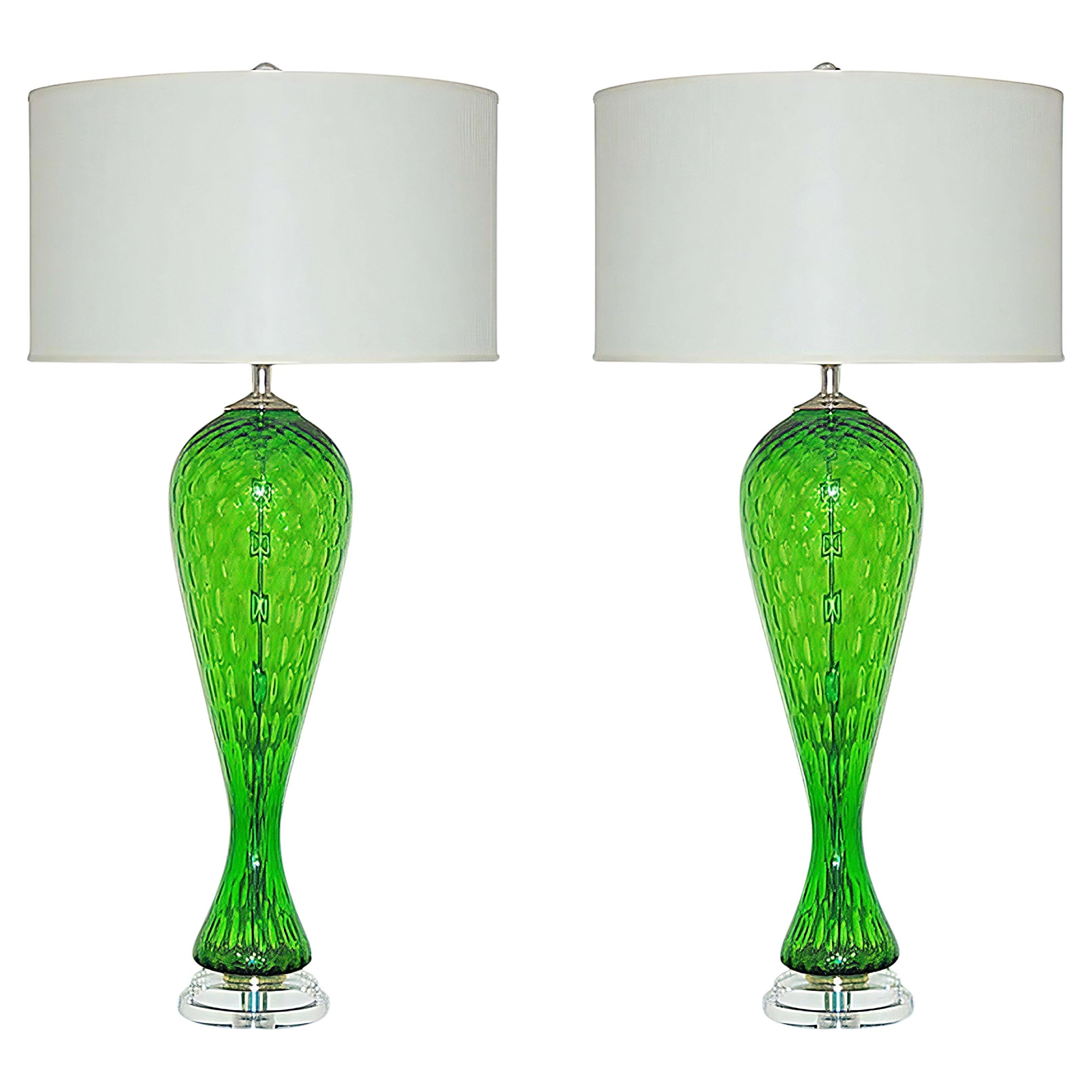 Ein Paar Vintage Italian Murano Windowpane Glass Lampen in Smaragd im Angebot