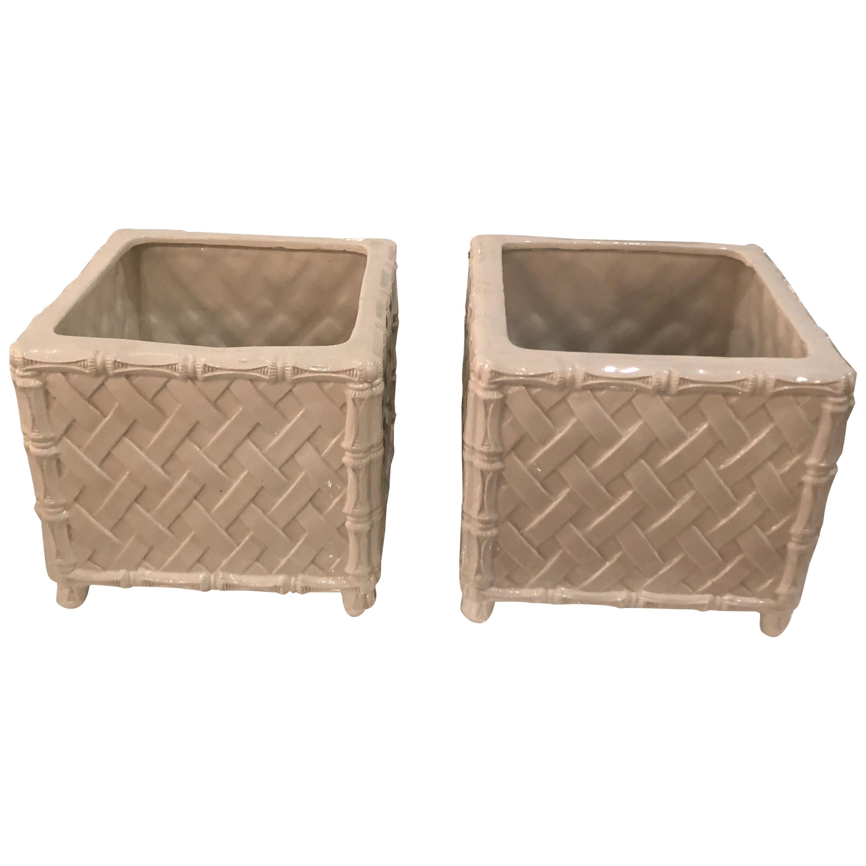 Pair of Vintage Italian Nora Fenton Numbered Bamboo Ceramic Planters Pots