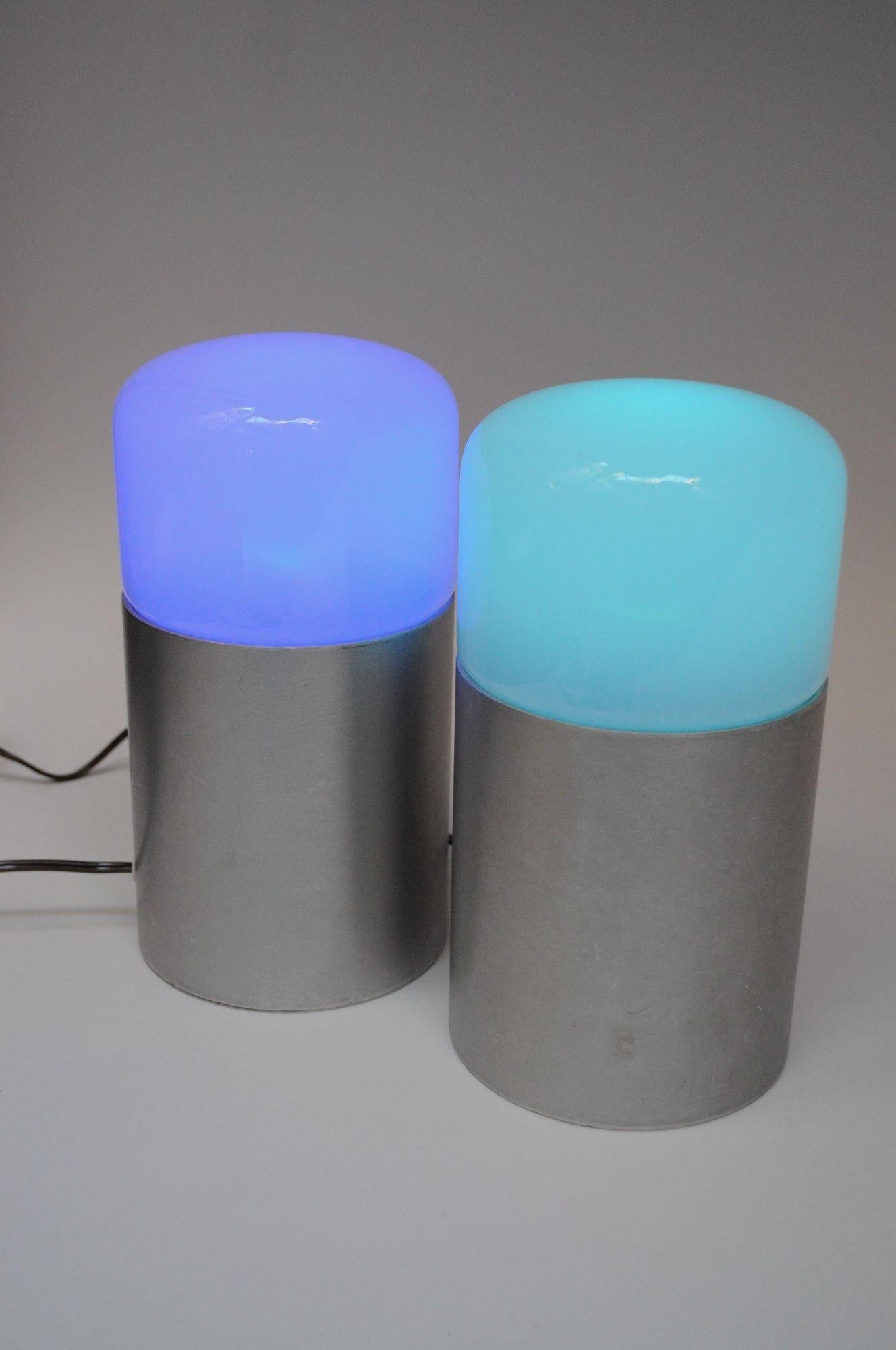 Pair of Vintage Italian Opaline Glass and Aluminum Table Lamps For Sale 1