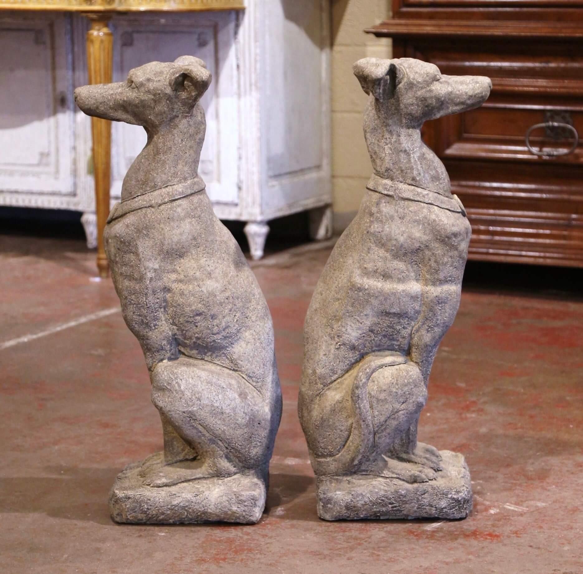 Cast Stone Pair of Vintage Italian Outdoor Weathered Carved Stone Greyhound Dog Sculptures