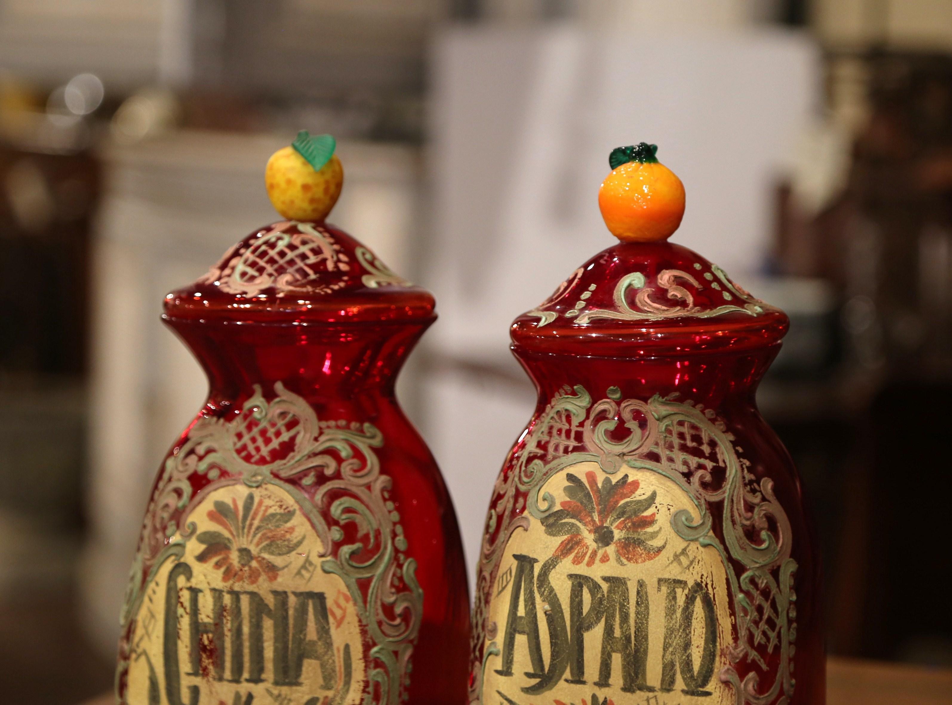 Hand-Crafted Pair of Vintage Italian Painted Blown Glass Apothecary Jars with Fruit Motifs