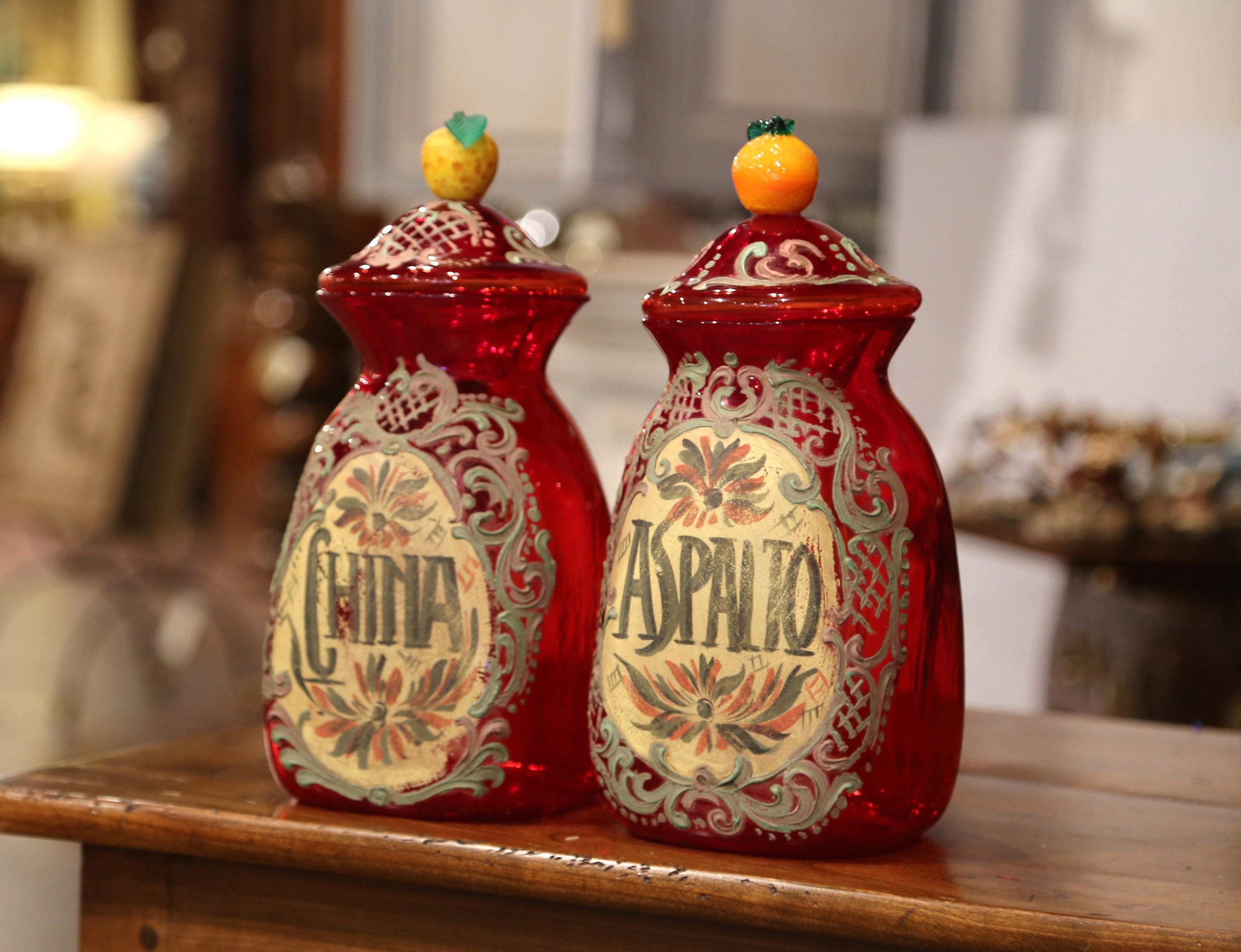 Pair of Vintage Italian Painted Blown Glass Apothecary Jars with Fruit Motifs In Excellent Condition In Dallas, TX