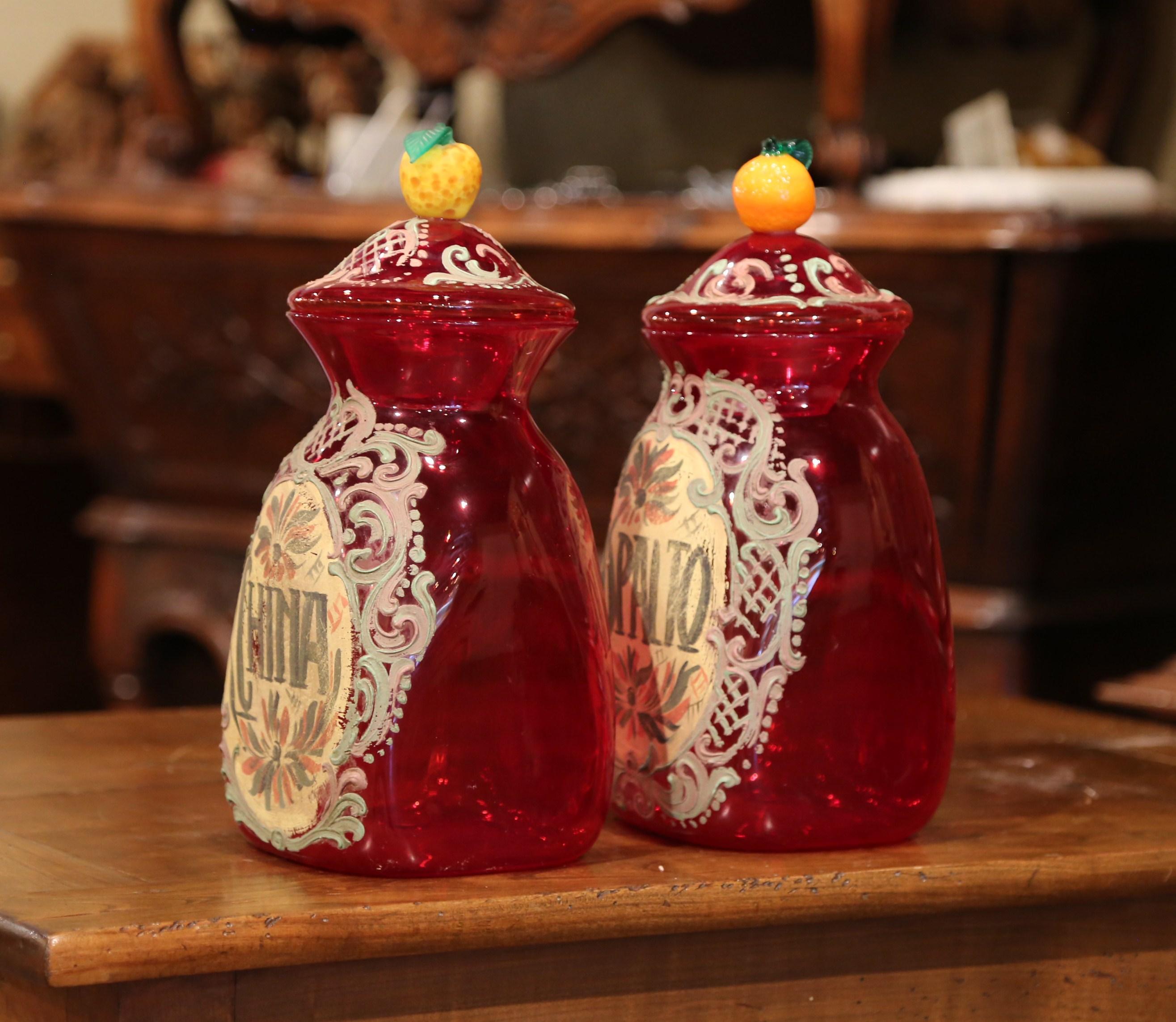 20th Century Pair of Vintage Italian Painted Blown Glass Apothecary Jars with Fruit Motifs
