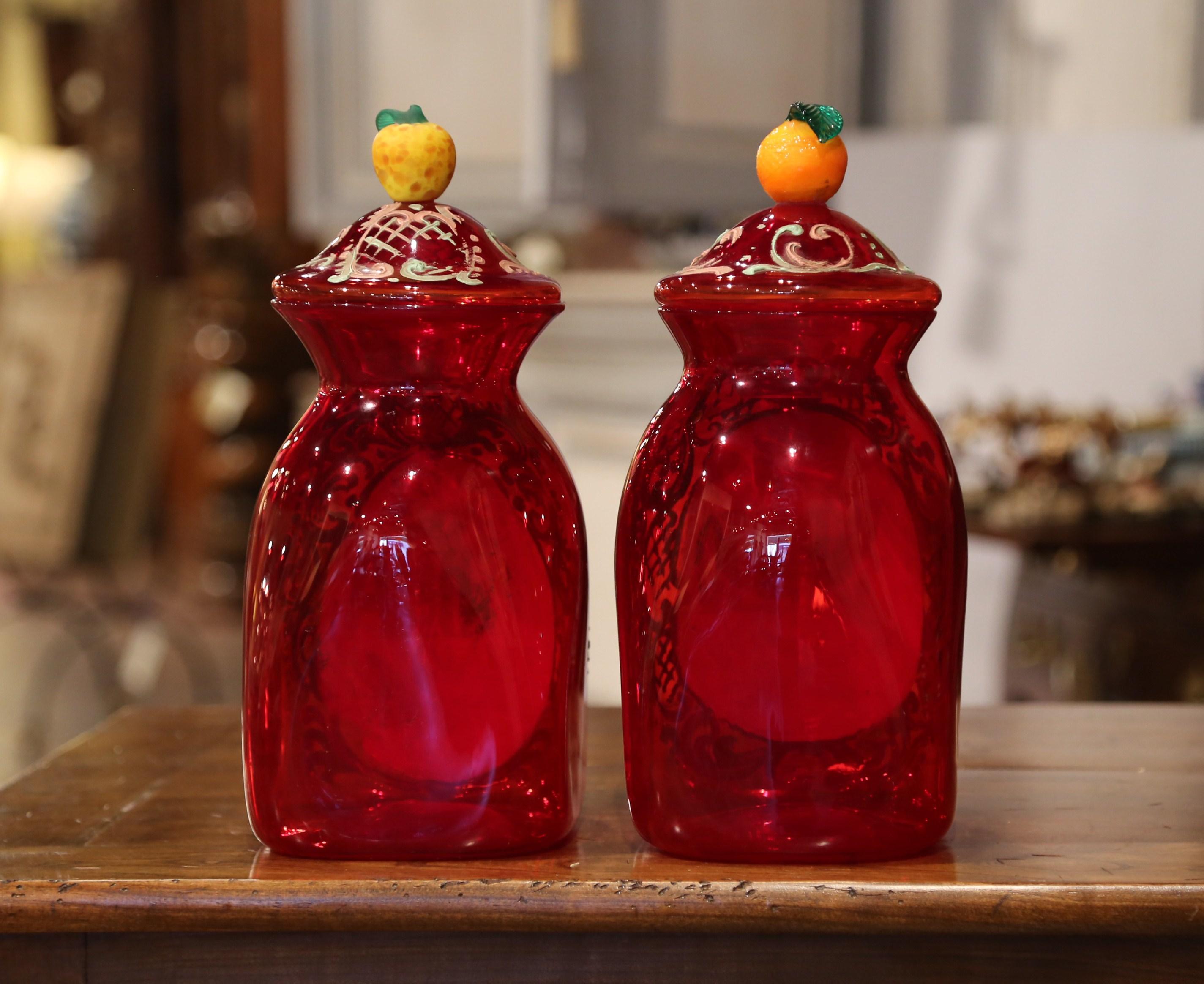 Pair of Vintage Italian Painted Blown Glass Apothecary Jars with Fruit Motifs 1