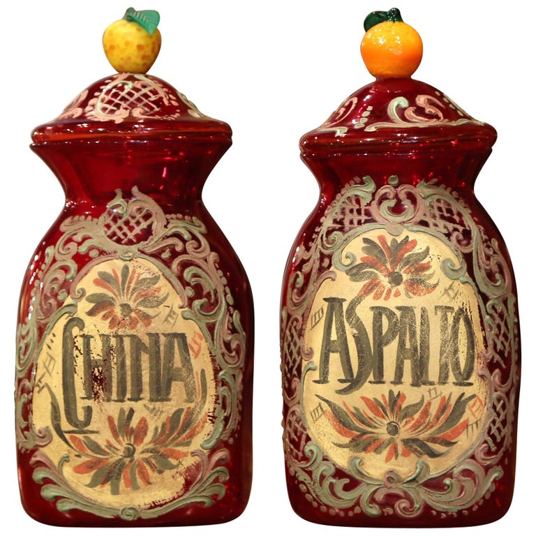 Pair of Vintage Italian Painted Blown Glass Apothecary Jars with Fruit