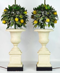 Pair of Vintage Italian Painted Tole Lemon Bush lamps in Cast Stone Urns