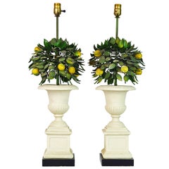 Pair of Vintage Italian Painted Tole Lemon Bush lamps in Cast Stone Urns