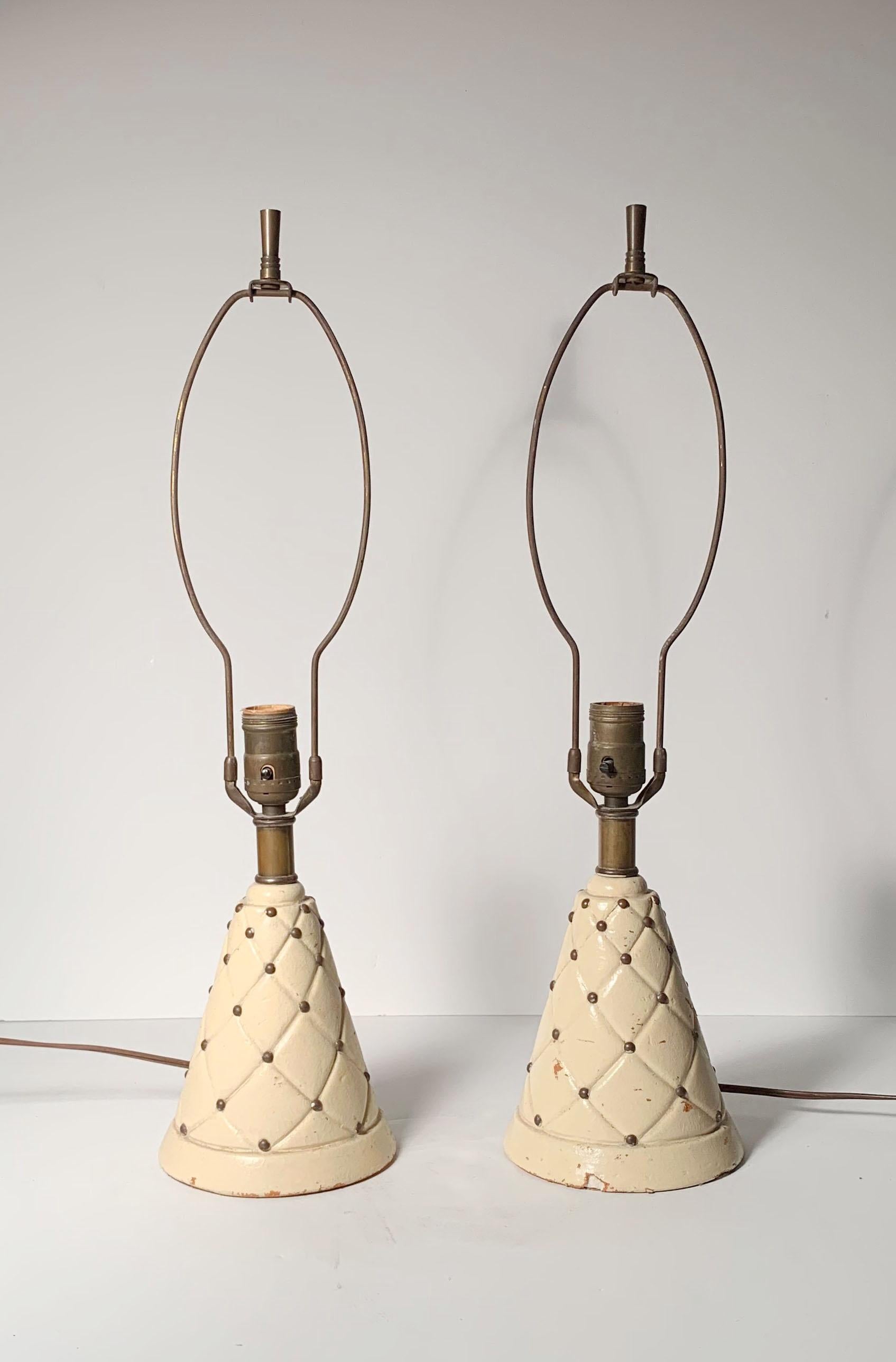 Pair of Vintage Italian Petite Leather Wrapped Lamps with Brass Studs 3