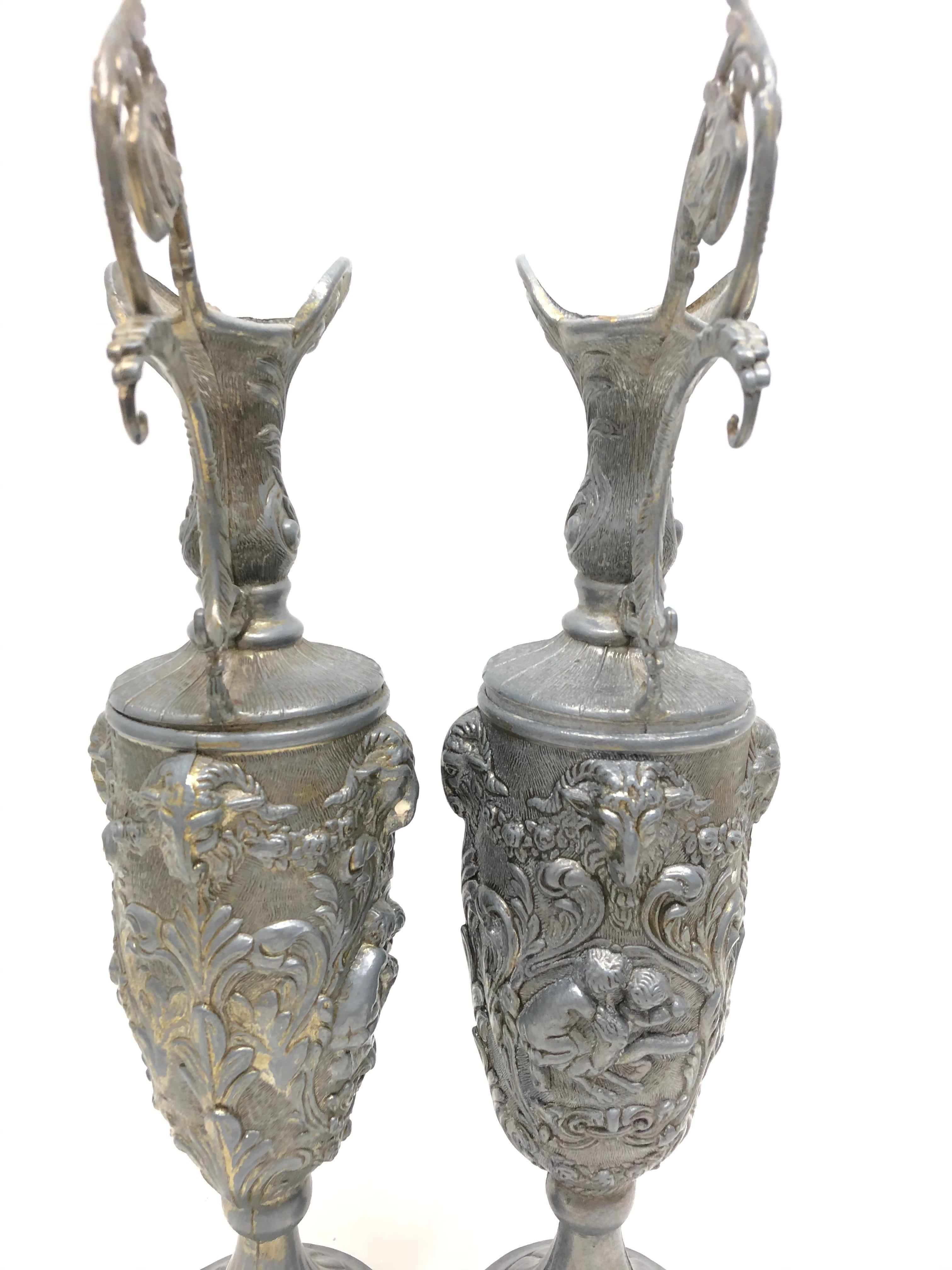 Pair of Vintage Italian Pewter Ewer with Cherub and Rams, Italy Art Nouveau For Sale 2