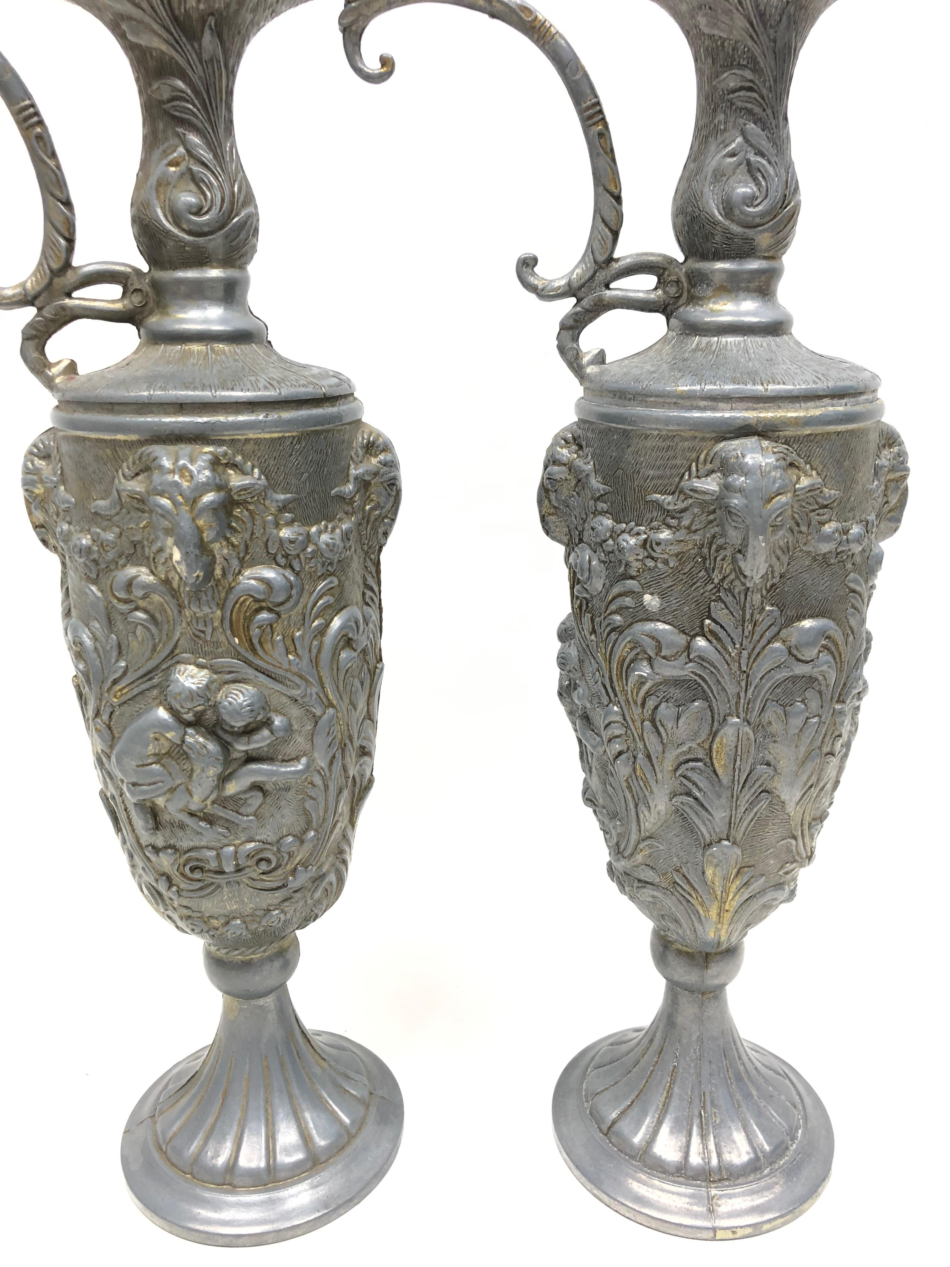 Pair of Vintage Italian Pewter Ewer with Cherub and Rams, Italy Art Nouveau For Sale 3