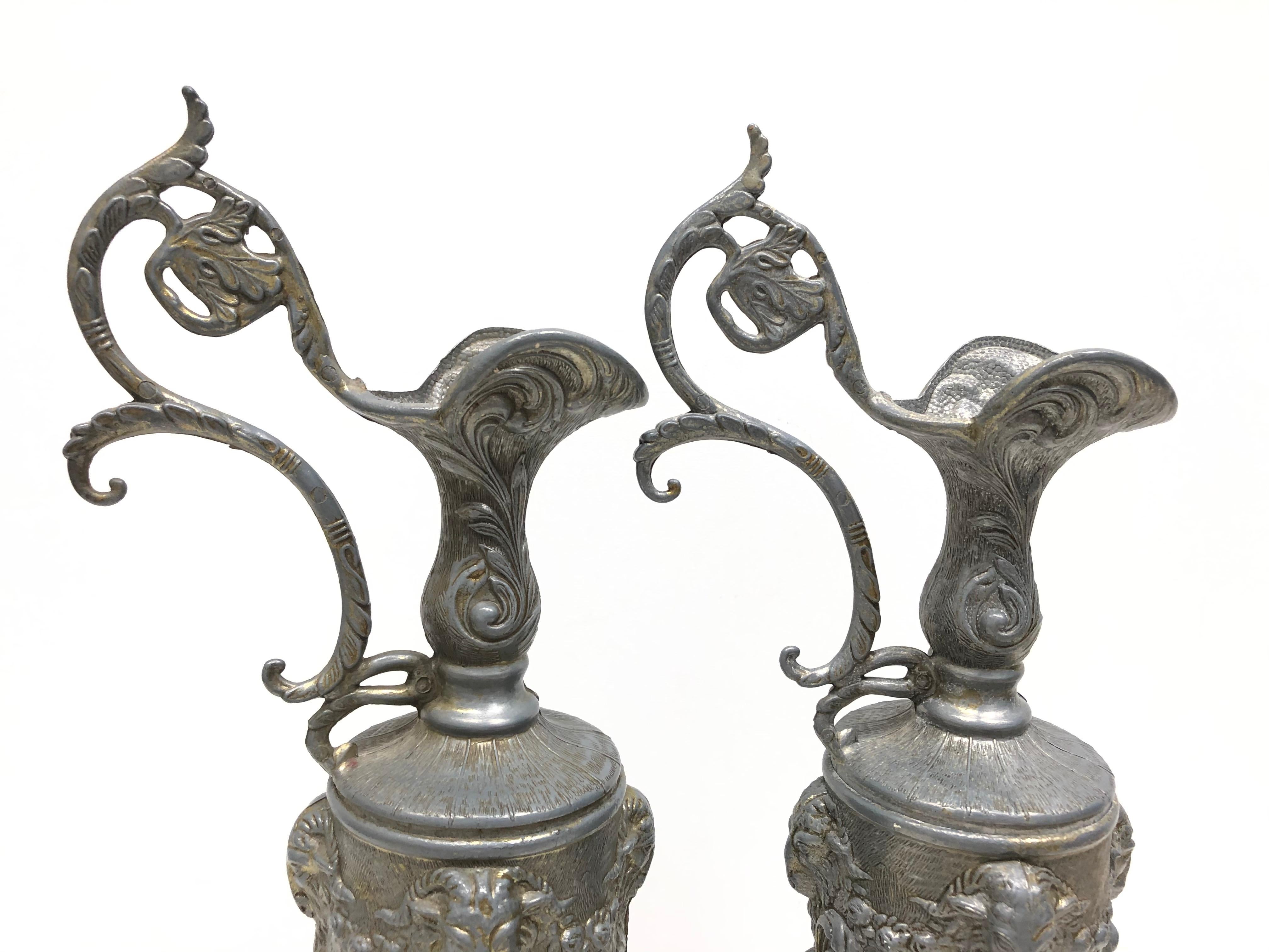 Pair of Vintage Italian Pewter Ewer with Cherub and Rams, Italy Art Nouveau For Sale 5