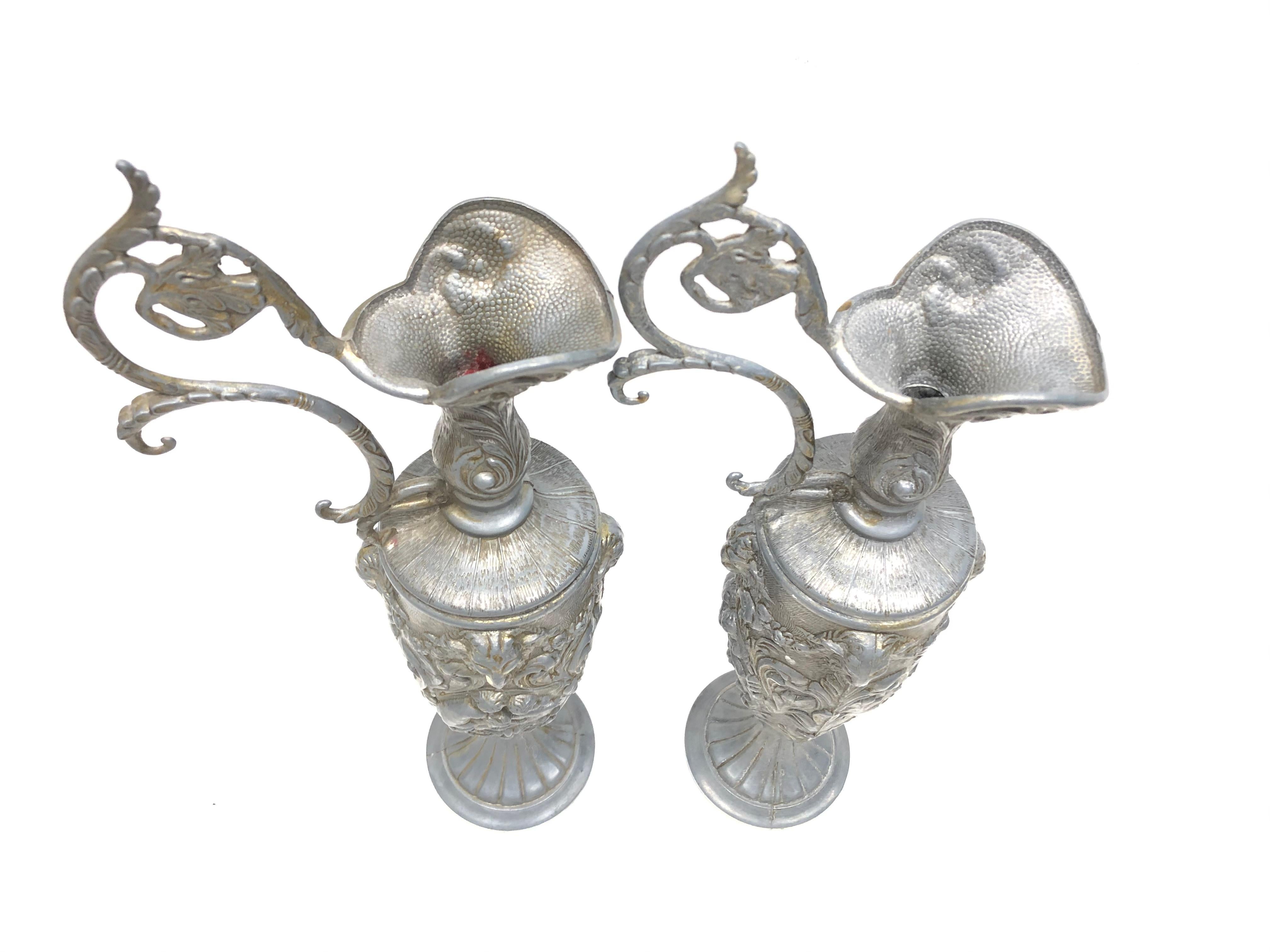 Pair of Vintage Italian Pewter Ewer with Cherub and Rams, Italy Art Nouveau For Sale 6