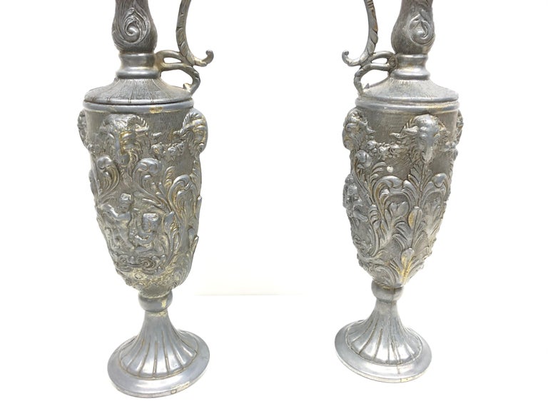 Pair of Vintage Italian Pewter Ewer with Cherub and Rams, Italy Art