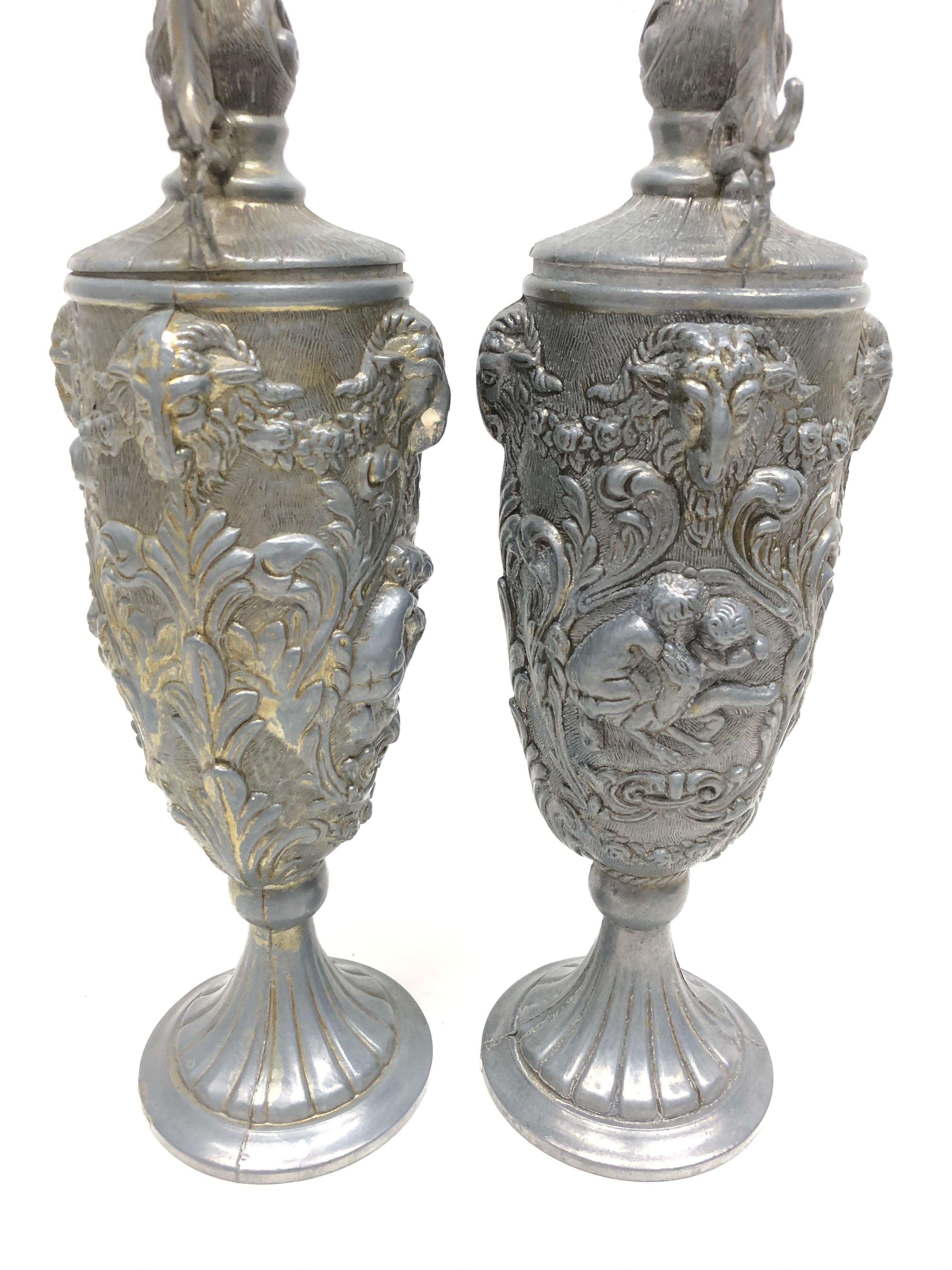 Pair of Vintage Italian Pewter Ewer with Cherub and Rams, Italy Art Nouveau For Sale 1