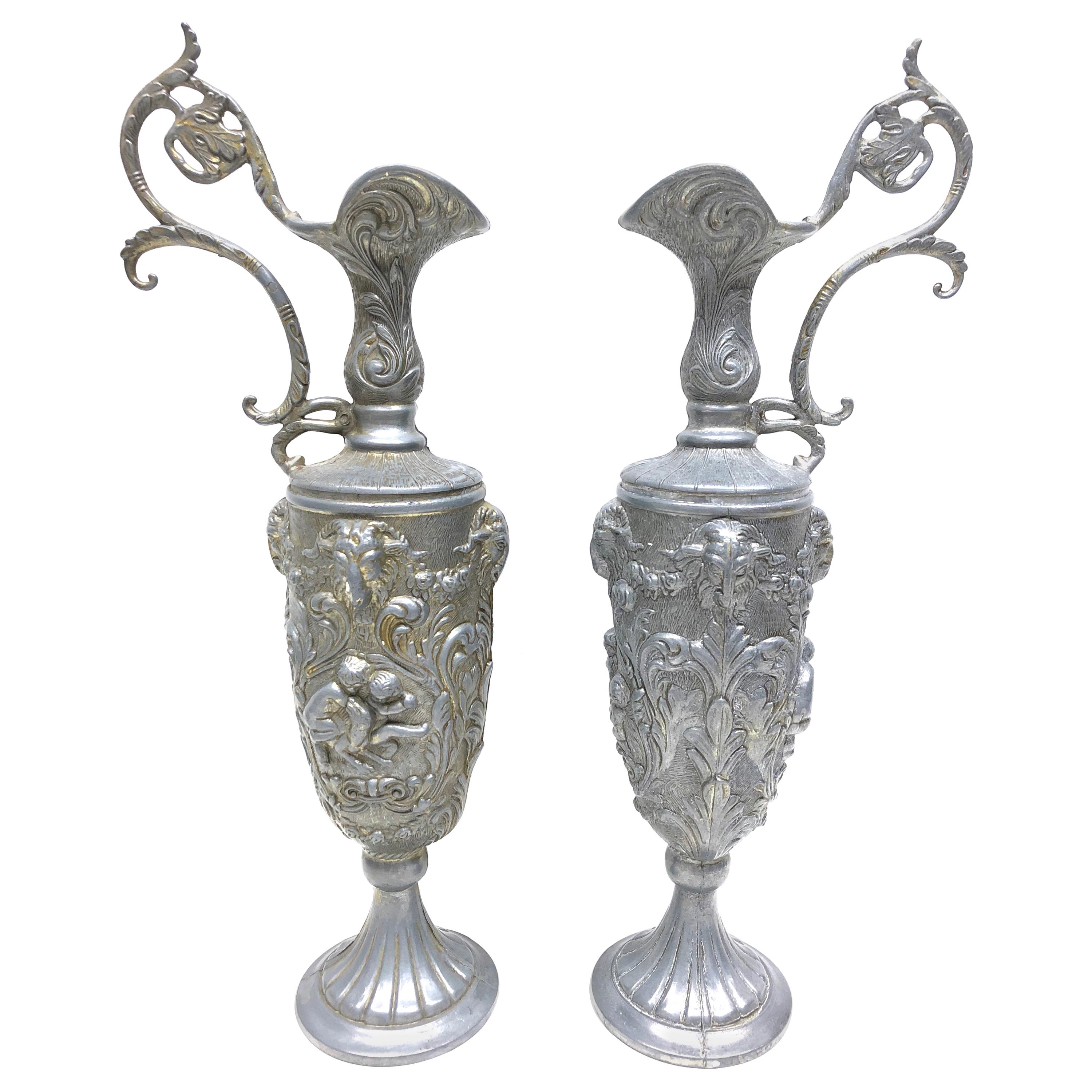Pair of Vintage Italian Pewter Ewer with Cherub and Rams, Italy Art Nouveau