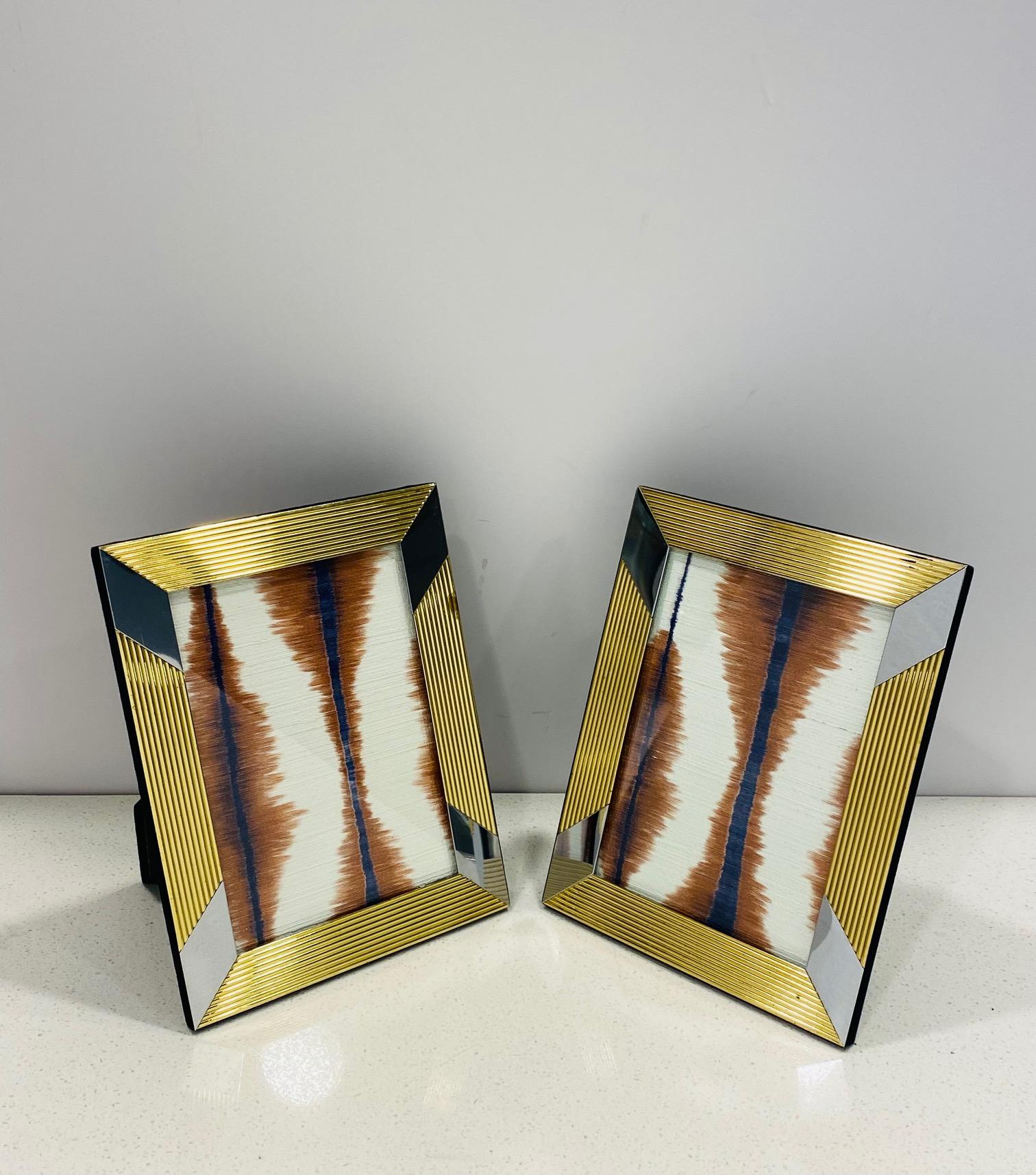 Mid-Century Modern Pair of Geometric Brass and Chrome Picture Frames, Italy, C. 1970s For Sale
