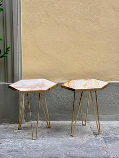 Pair of Vintage Italian Pink Onyx and Brass  Side Tables, 1980