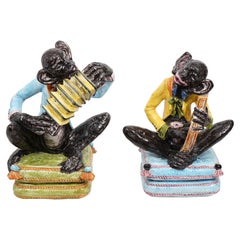 Pair of Vintage Italian Polychrome Glazed Ceramic Sculptures of Monkey Musicians