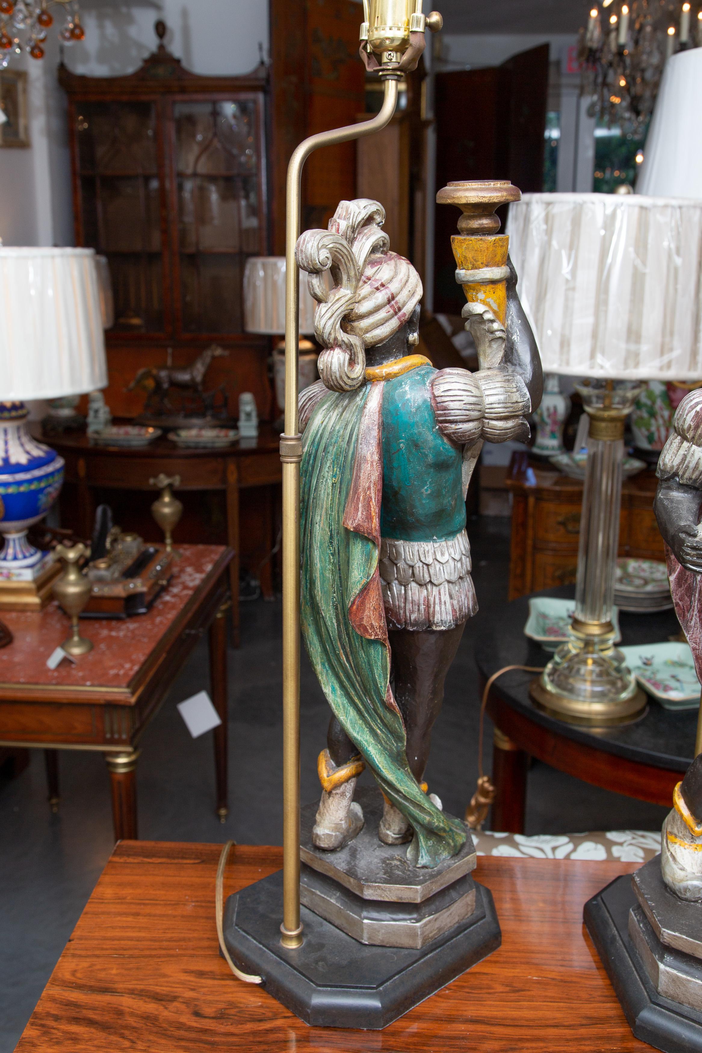 Hand-Carved Pair of Vintage Italian Polychromed Figural Table Lamps