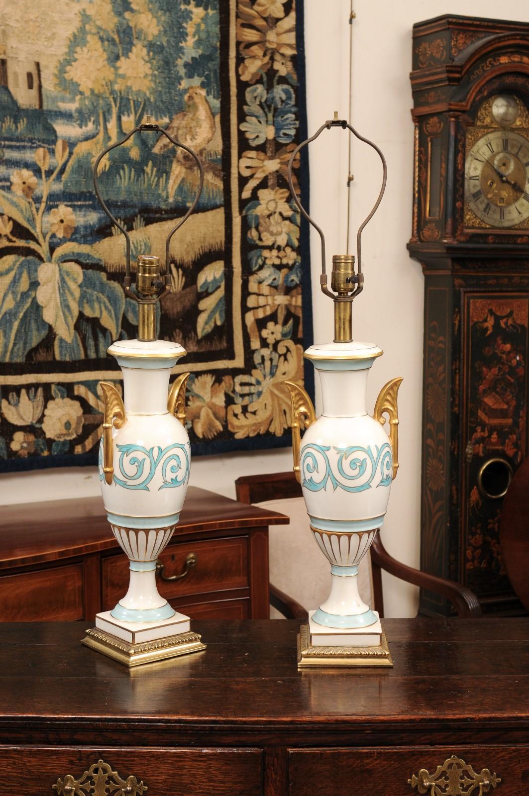 Pair of Vintage Italian Porcelain Lamps with Blue & Gilt Accents, 20th Century In Fair Condition In Atlanta, GA