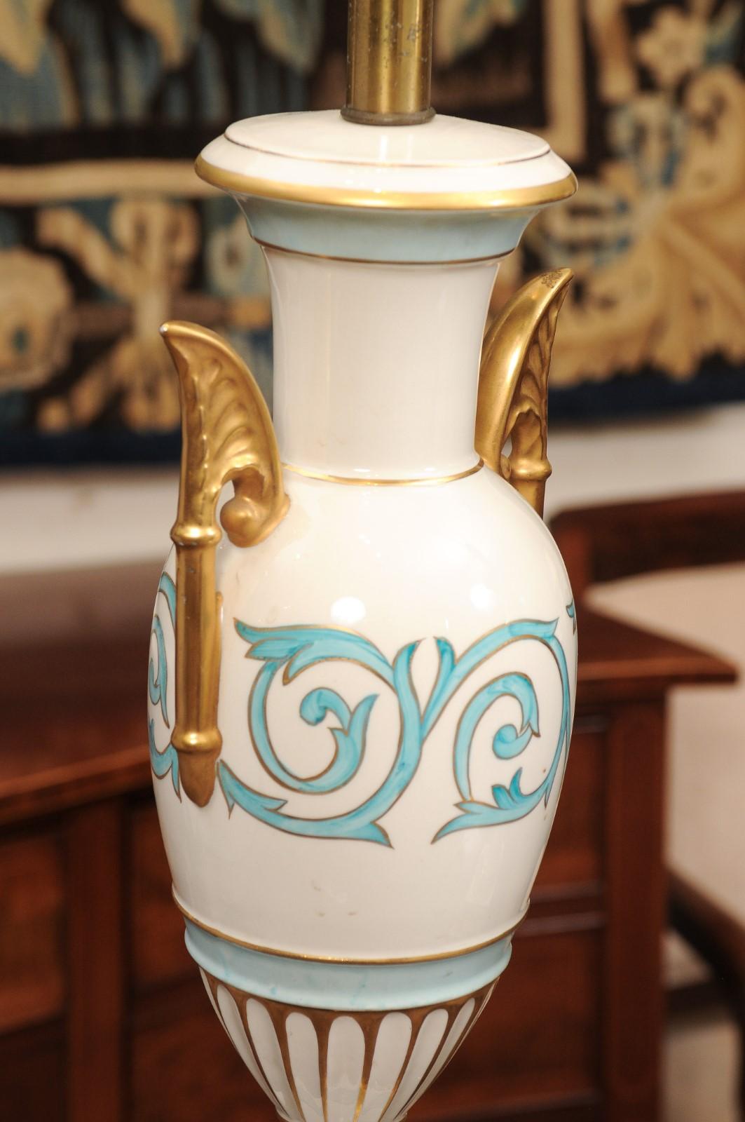 Pair of Vintage Italian Porcelain Lamps with Blue & Gilt Accents, 20th Century 4