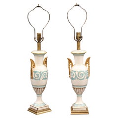 Pair of Vintage Italian Porcelain Lamps with Blue & Gilt Accents, 20th Century