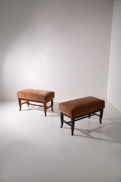 Pair of vintage Italian poufs with original fabric of the time in orange velvet