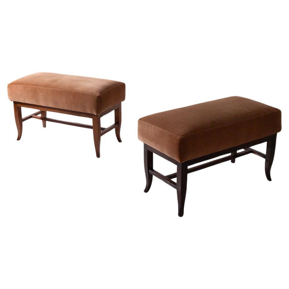 Paire de poufs italiens vintage avec tissu original de l'époque en velours orange