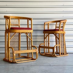 Pair of Vintage Italian Rattan Bamboo Counter Height Bar Stools