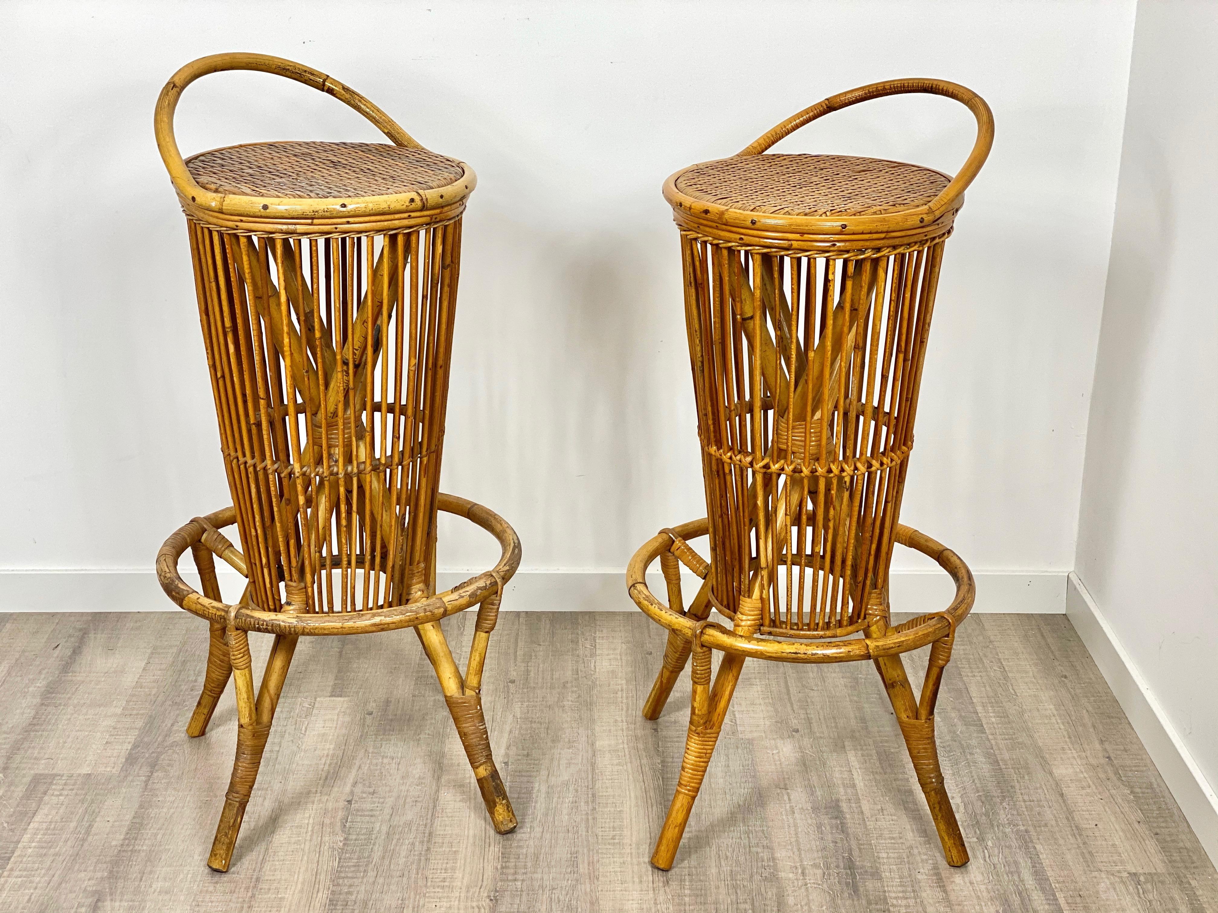 Pair of vintage bar stools in Bamboo & Rattan, Italy, 1960s.