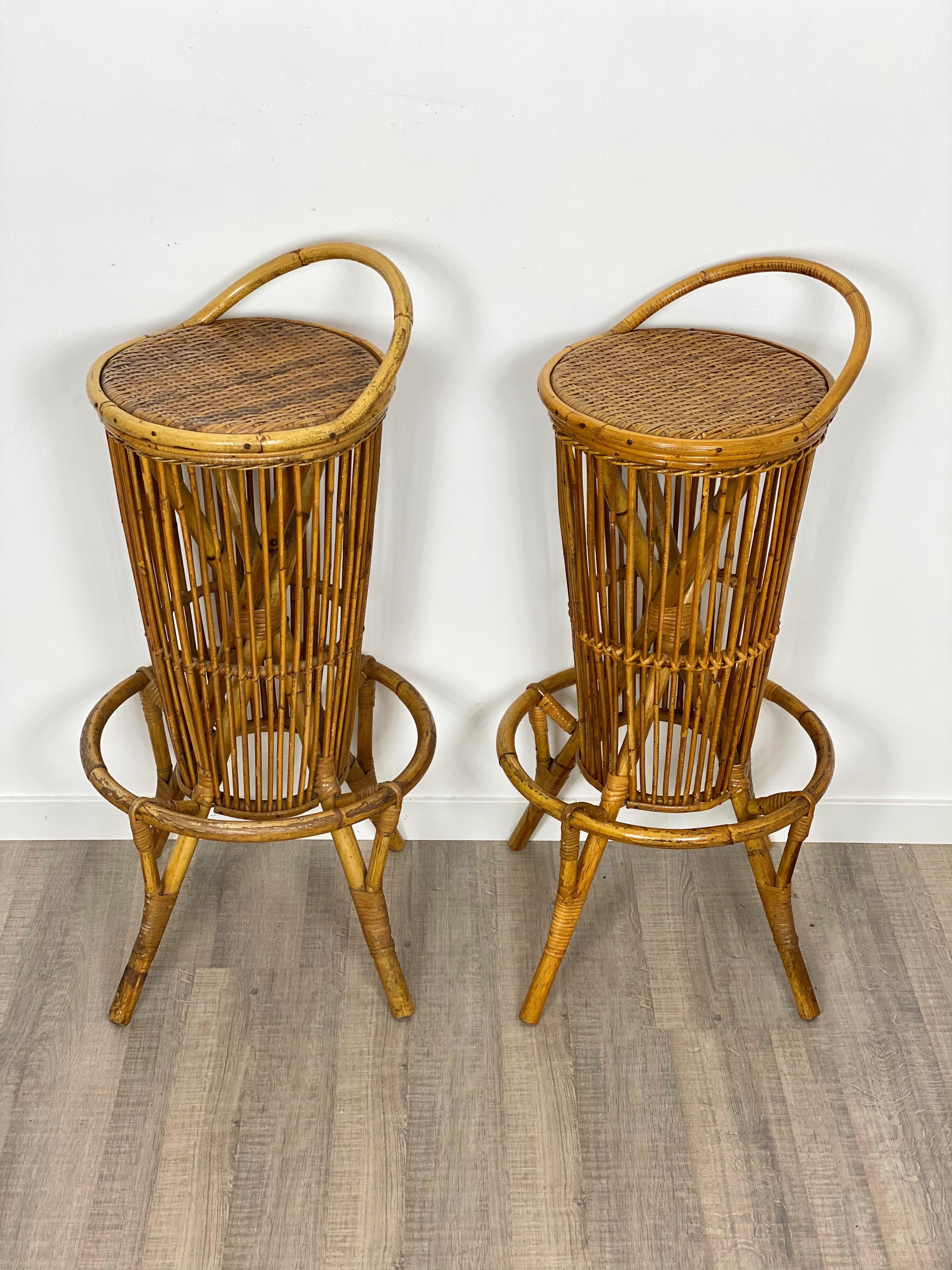 Pair of Vintage Italian Bamboo & Rattan Bar Stools, 1960s In Good Condition In Rome, IT