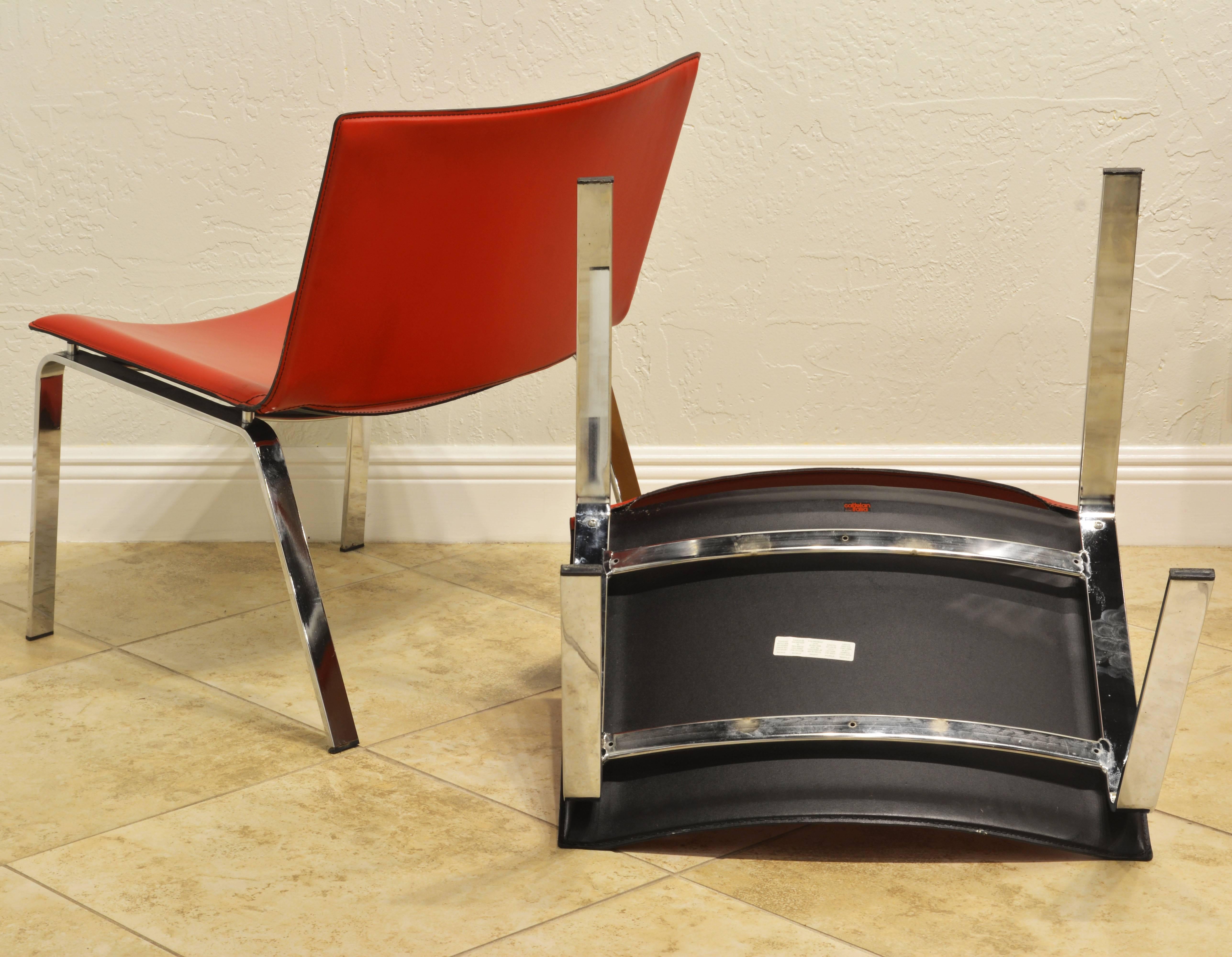 Pair of Vintage Italian Red Leather and Steel Lounge Chairs by Cattelan Italia 4