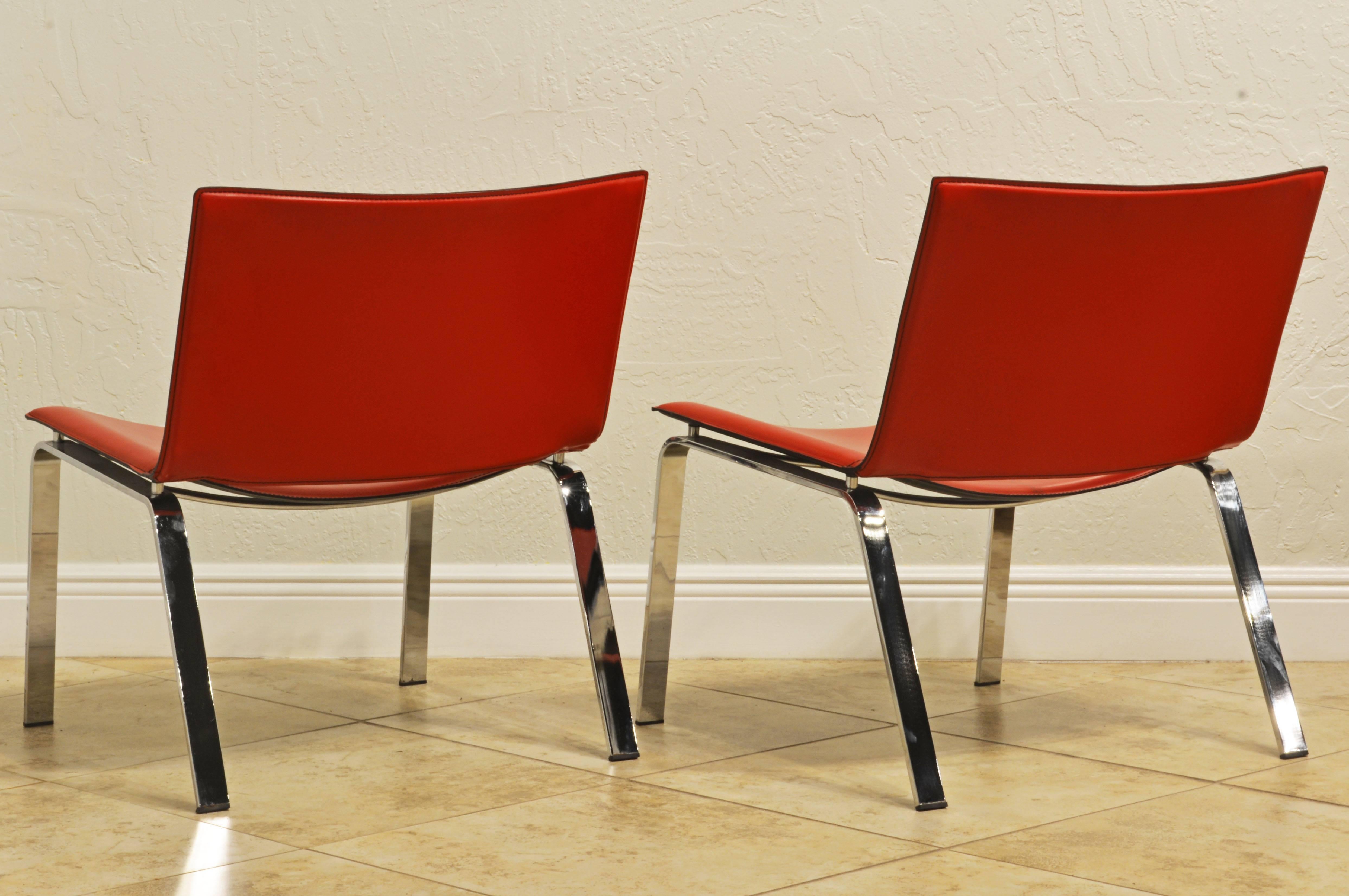 Polished Pair of Vintage Italian Red Leather and Steel Lounge Chairs by Cattelan Italia
