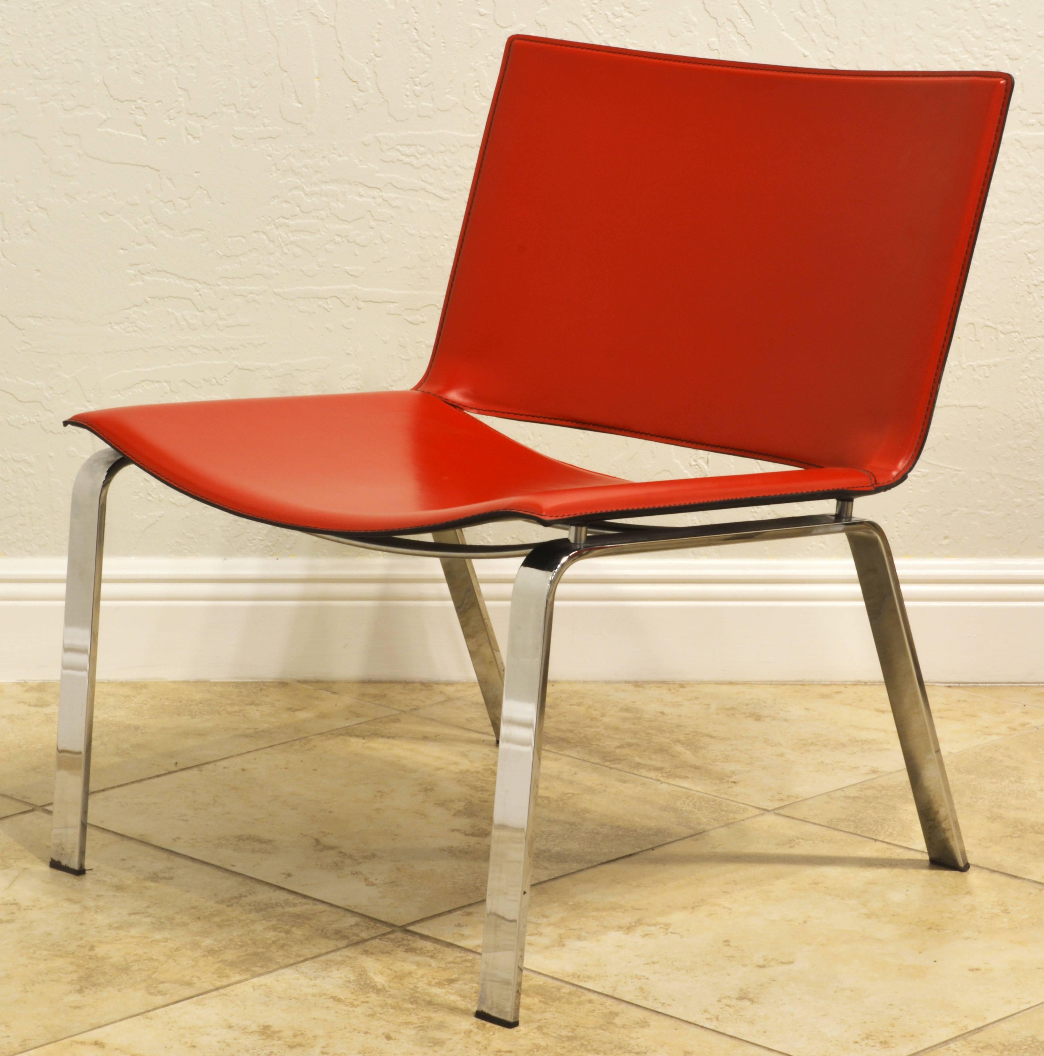 Pair of Vintage Italian Red Leather and Steel Lounge Chairs by Cattelan Italia In Good Condition In Ft. Lauderdale, FL